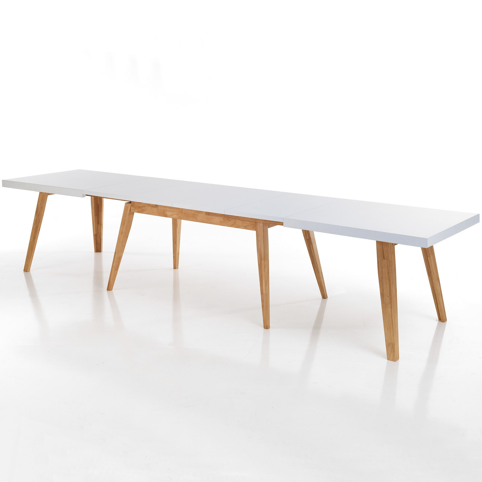 Tavolo Allungabile verniciato Jason Top Bianco semilucido e Base in legno massello finitura Rovere, 180-360 x 85 cm