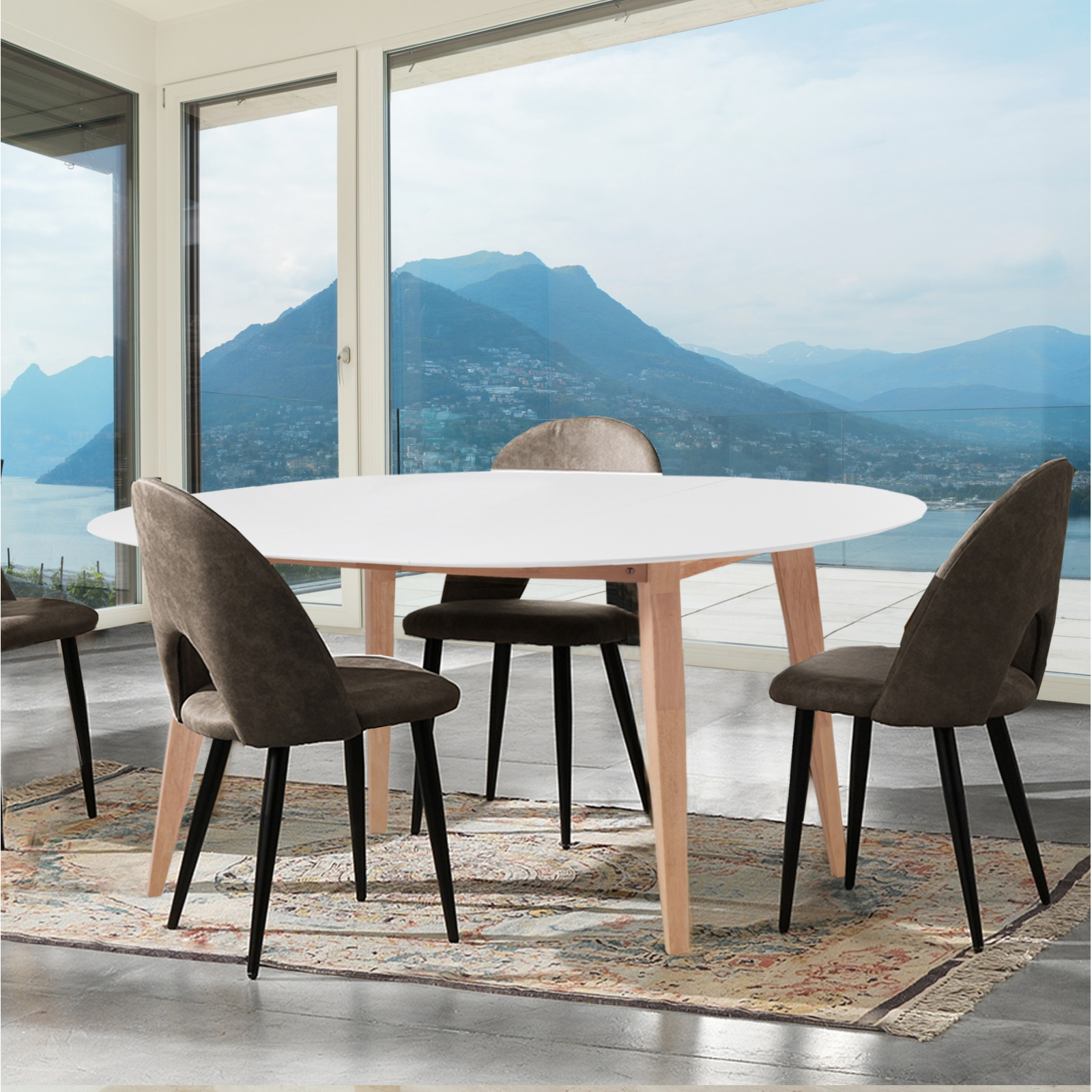 Tavolo Rotondo Allungabile Roger verniciato Bianco semilucido e legno massello finitura Rovere sbiancato, 120-160x120 cm Tavolo Rotondo Allungabile Roger verniciato Bianco semilucido e legno massello finitura Rovere sbiancato, 120-160x120 cm