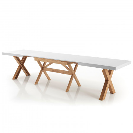 Tavolo Allungabile Kyle in legno massello Bianco opaco e finitura Rovere, 180-270x85 cm