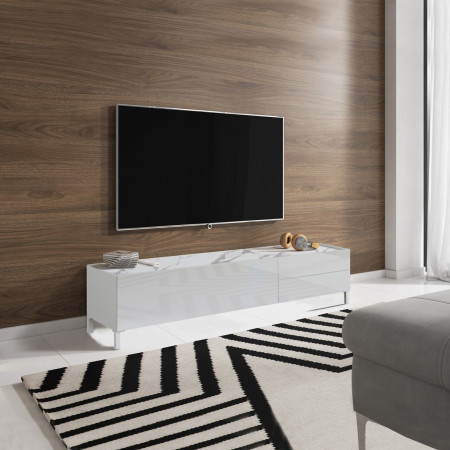 Porta Tv Milano 1 anta e 2 cassetti Laccato Bianco lucido, top finitura Marmo Calacatta opaco, 160x40xh42 cm