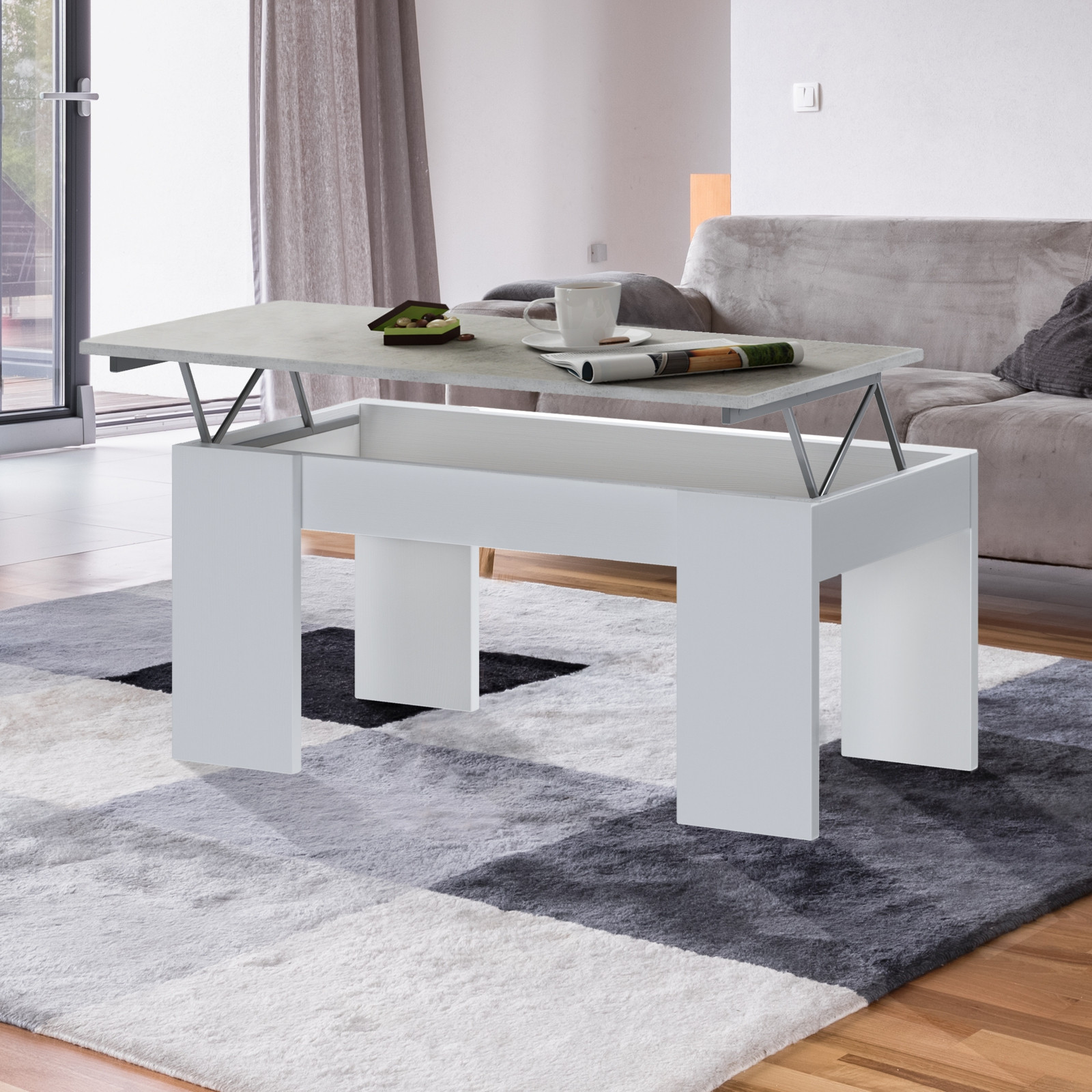 Tavolino Contenitore Dreda Cement Grigio finitura Cemento e Larice Bianco