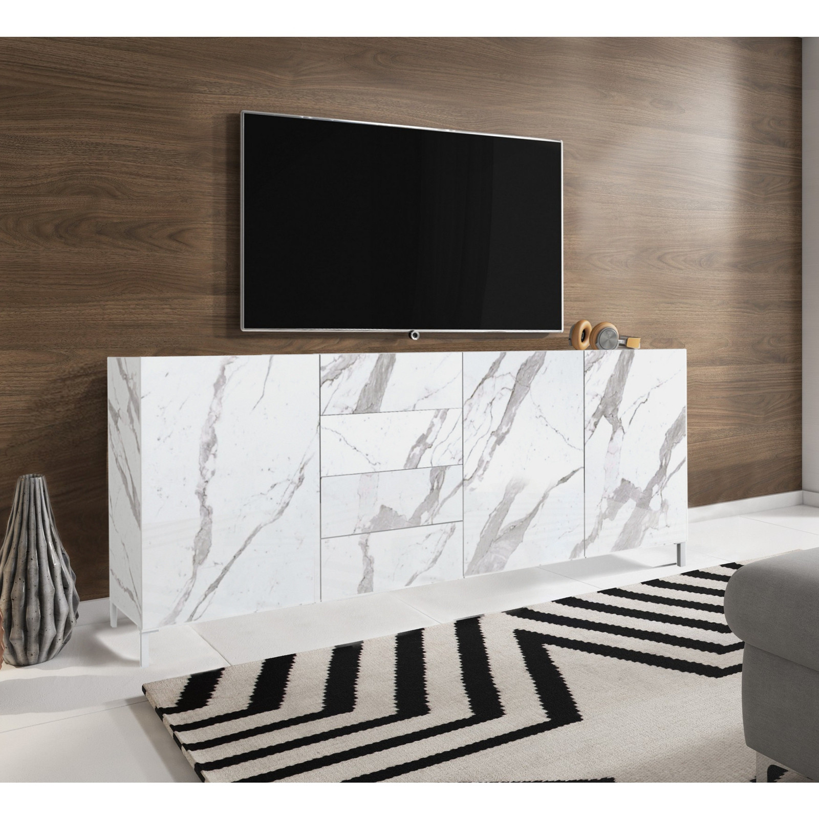 Madia grande MILANO WHITE MARBLE finitura Marmo Bianco Calacatta opaco cm. H.84 L.174 P.40 MADE IN ITALY