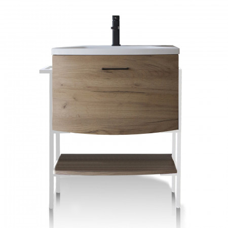 Mobile Bagno Sally Wood in acciaio verniciato Bianco opaco con lavello e cestone finitura Rovere, 75x46xh86 cm
