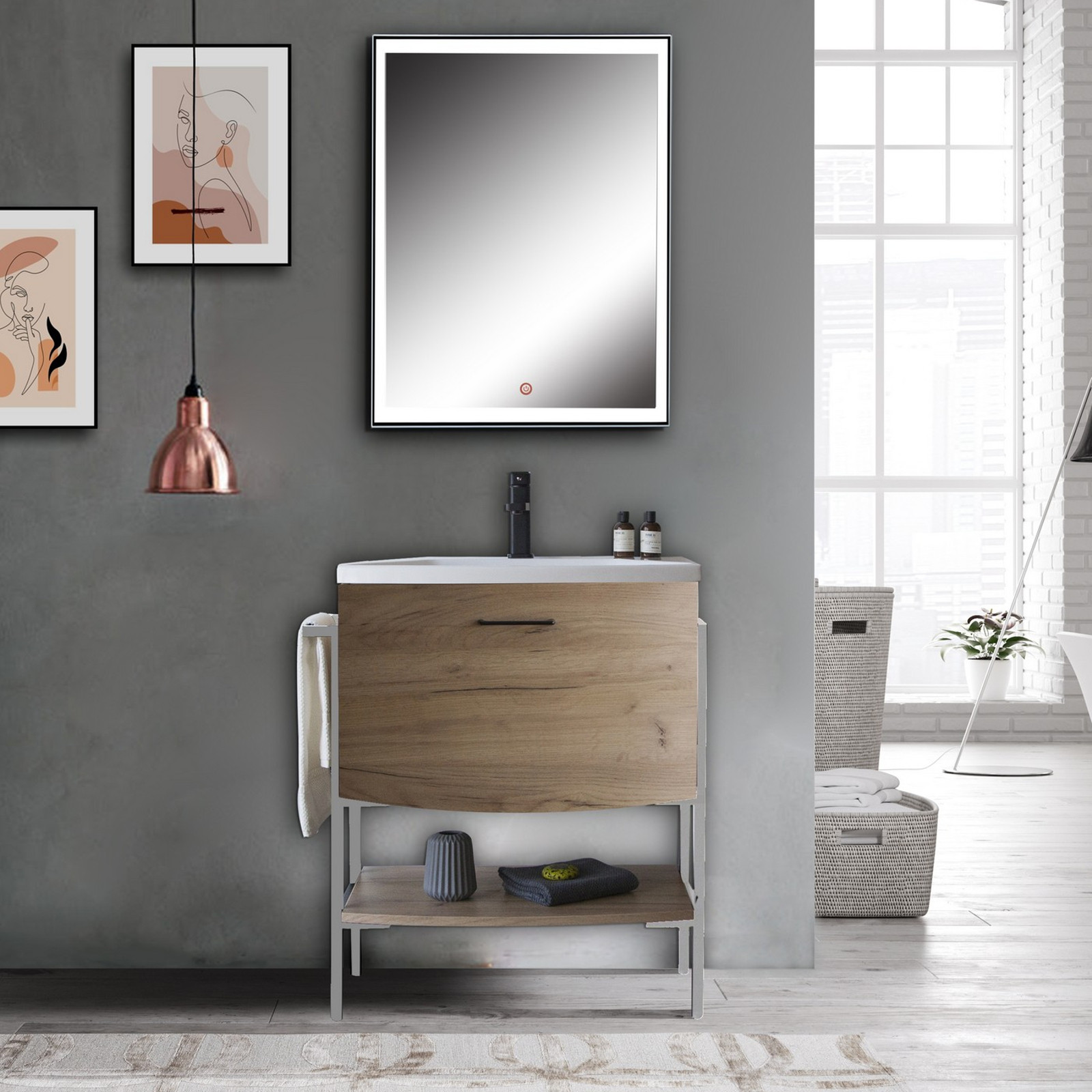 Mobile Bagno Sally Wood  in acciaio verniciato Bianco opaco con lavello e cestone finitura Rovere, 75x46xh86 cm