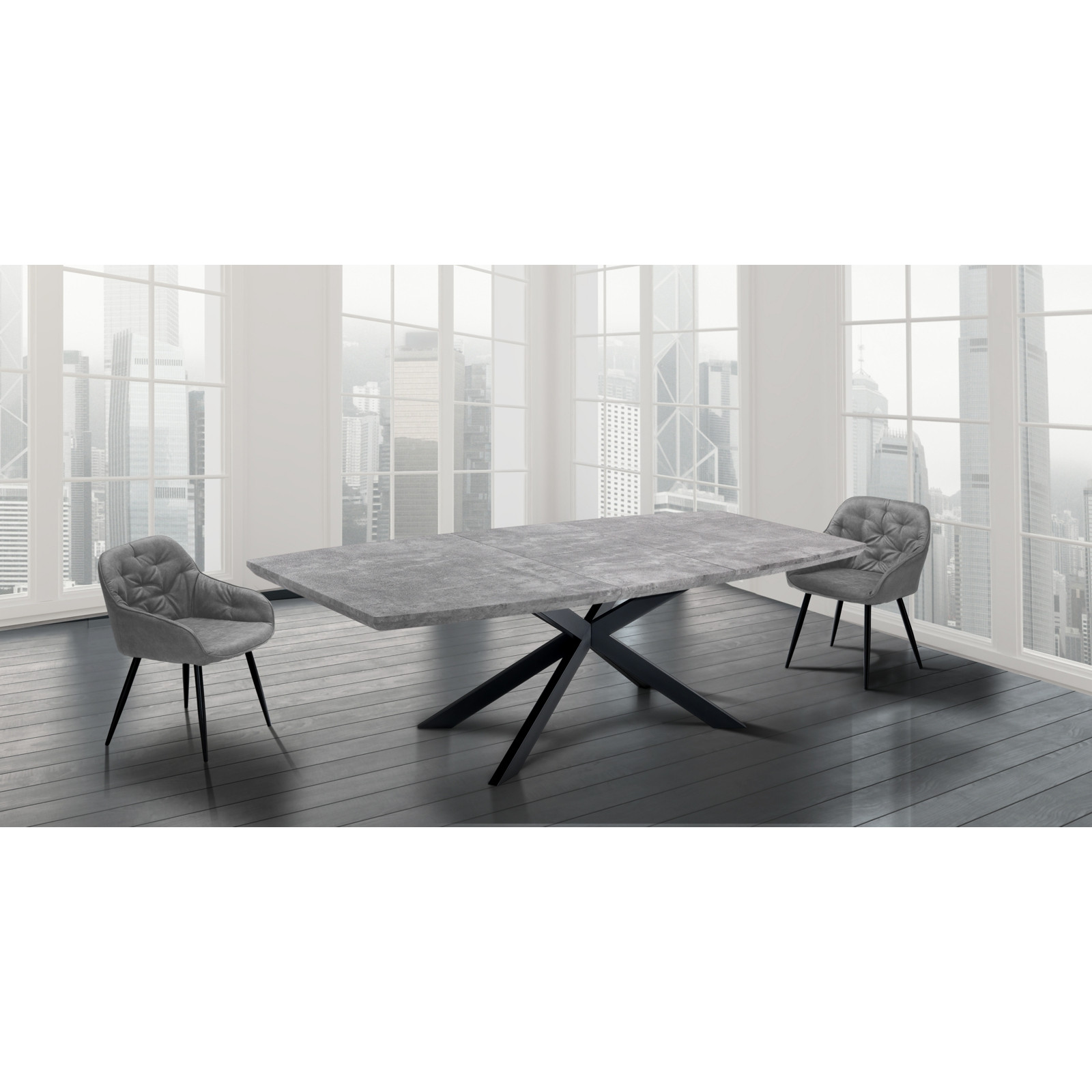 Tavolo Allungabile Jose Cement Grigio Top finitura Cemento e Gambe in metallo Nero opaco, 160-210x90 cm