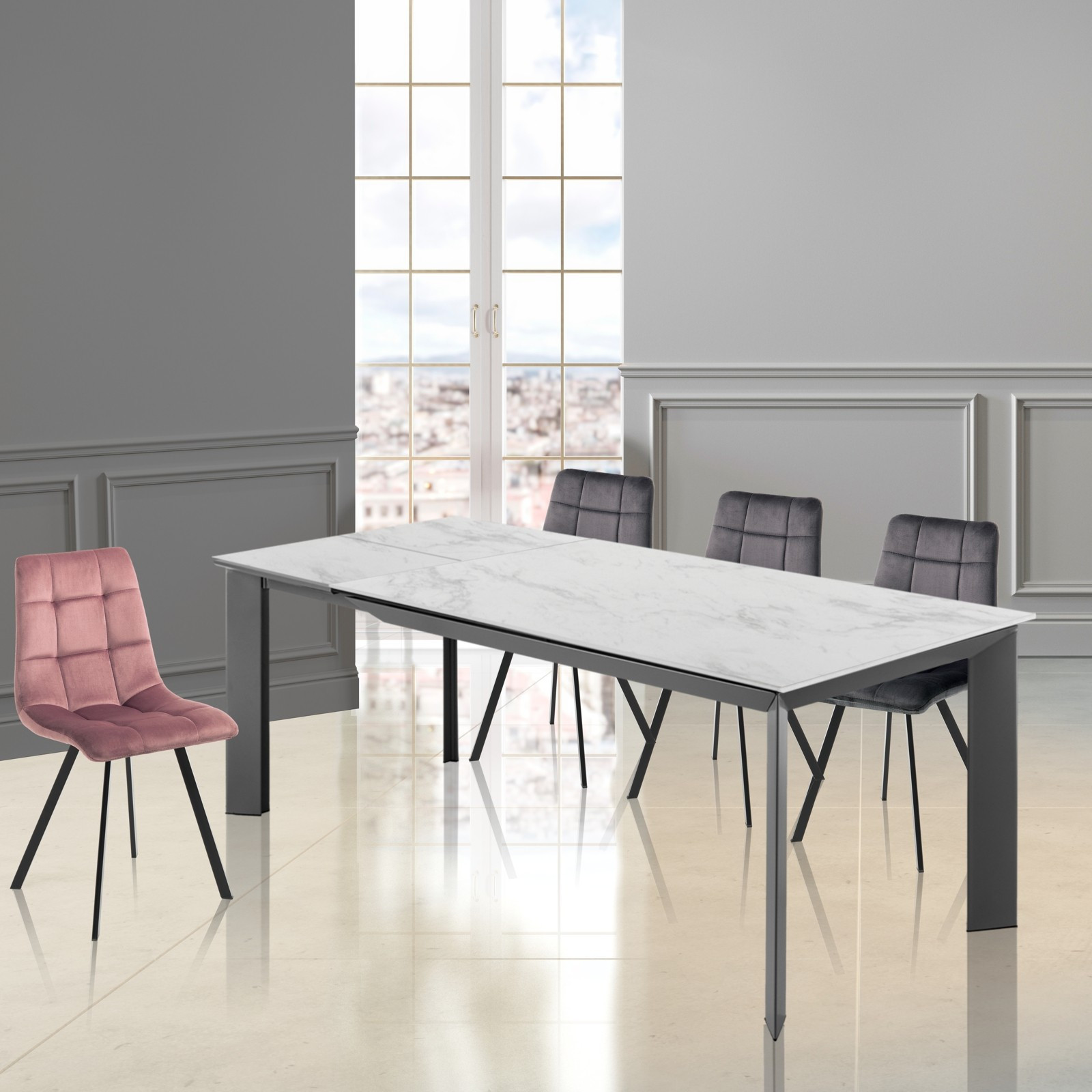 Tavolo Allungabile CRISTOPHER 160 WHITE MARBLE acciaio Grigio piano Ceramica finitura Marmo Bianco, 160-220 x 90 cm x