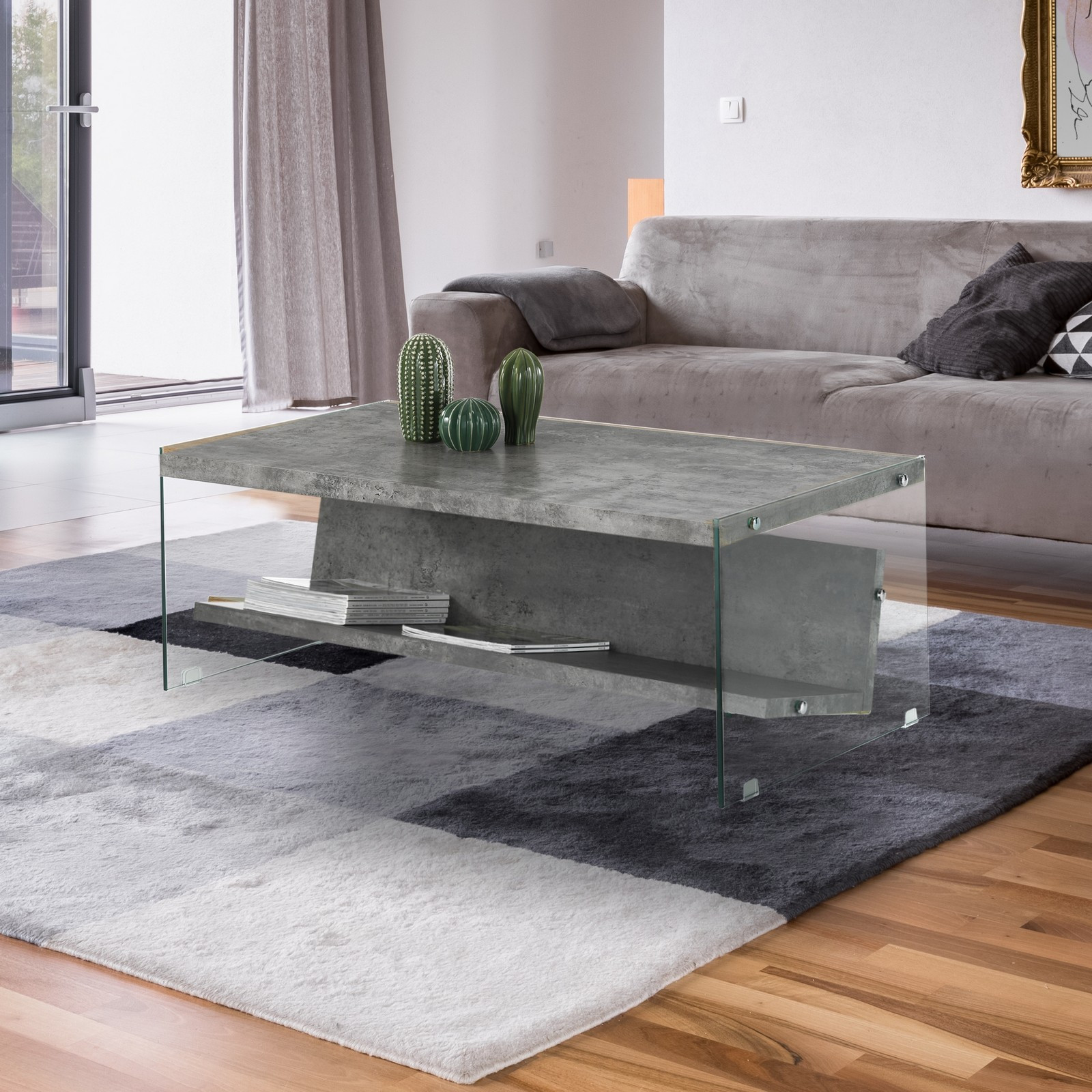 Tavolino / porta riviste SKANDY CEMENT vetro trasparente e MDF finitura Cemento cm H42,5 L110 P60