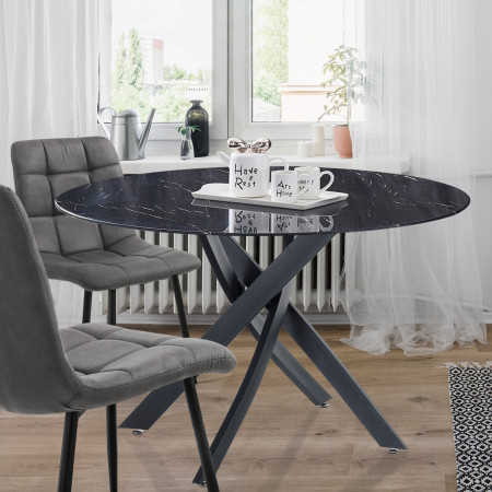 Tavolo vetro effetto Marmo nero KEITA BLACK MARBLE con gambe in acciaio colore Nero opaco, H78 x D110 cm