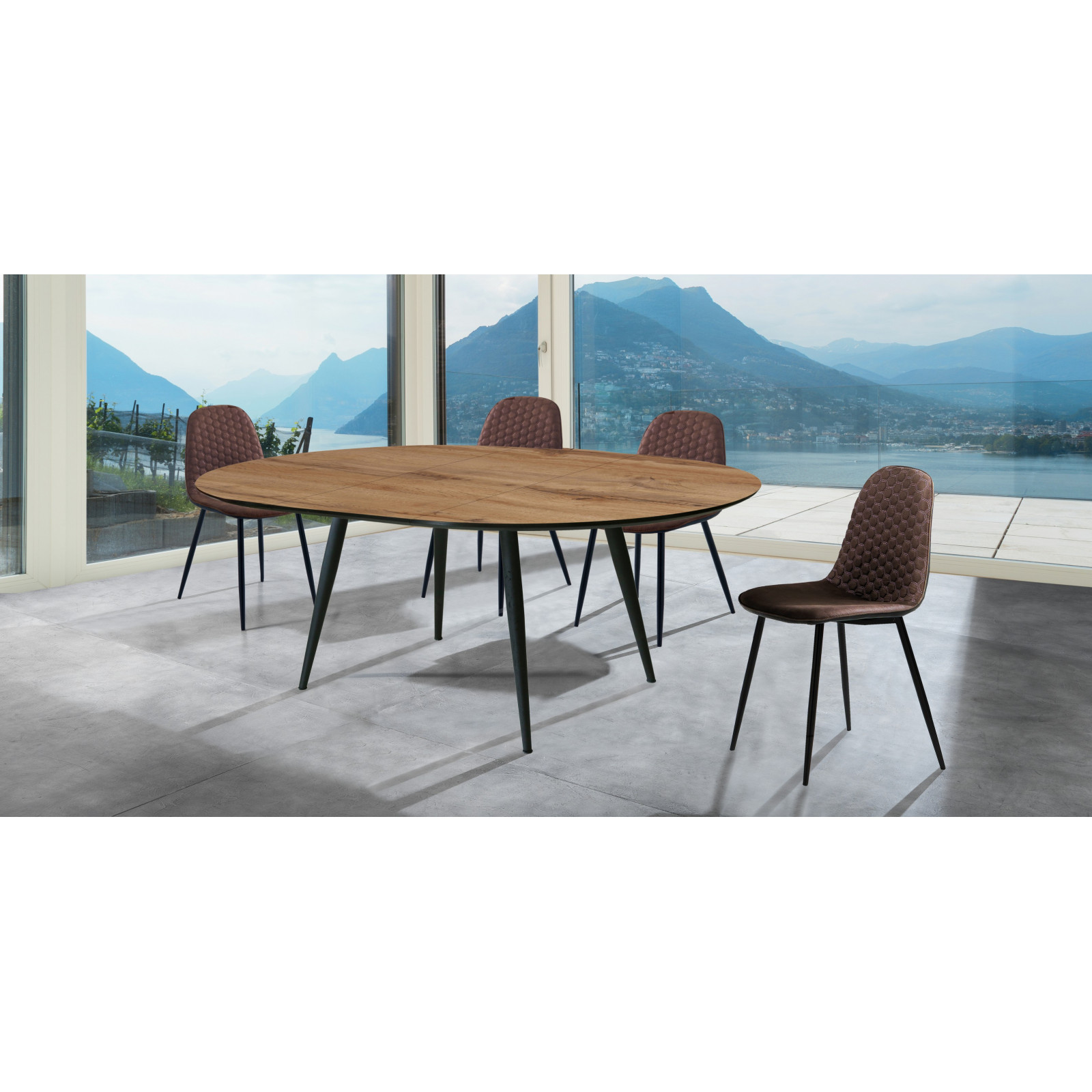 Tavolo Rotondo Allungabile in legno LISO Top finitura Noce chiaro e Gambe in acciaio verniciato nero opaco, 110-150 x 110 cm
