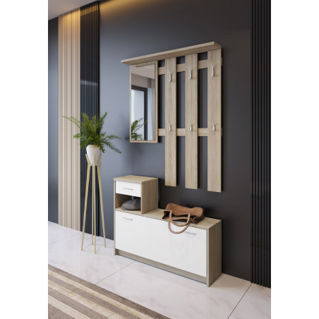 Mobile Ingresso Lione Wood frontali Bianco opaco e struttura Rovere con specchio e scarpiera, larghezza 97 cm