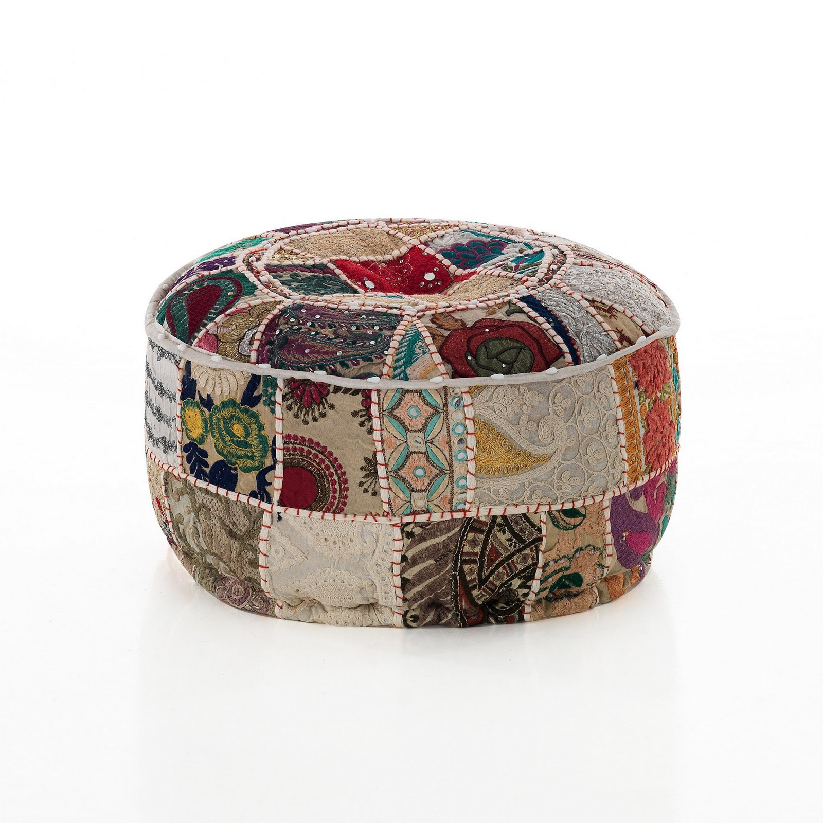 Pouf rotondo KAMAR MOSAIK cotone 100% decorazione tecnica patchwork Made in INDIA