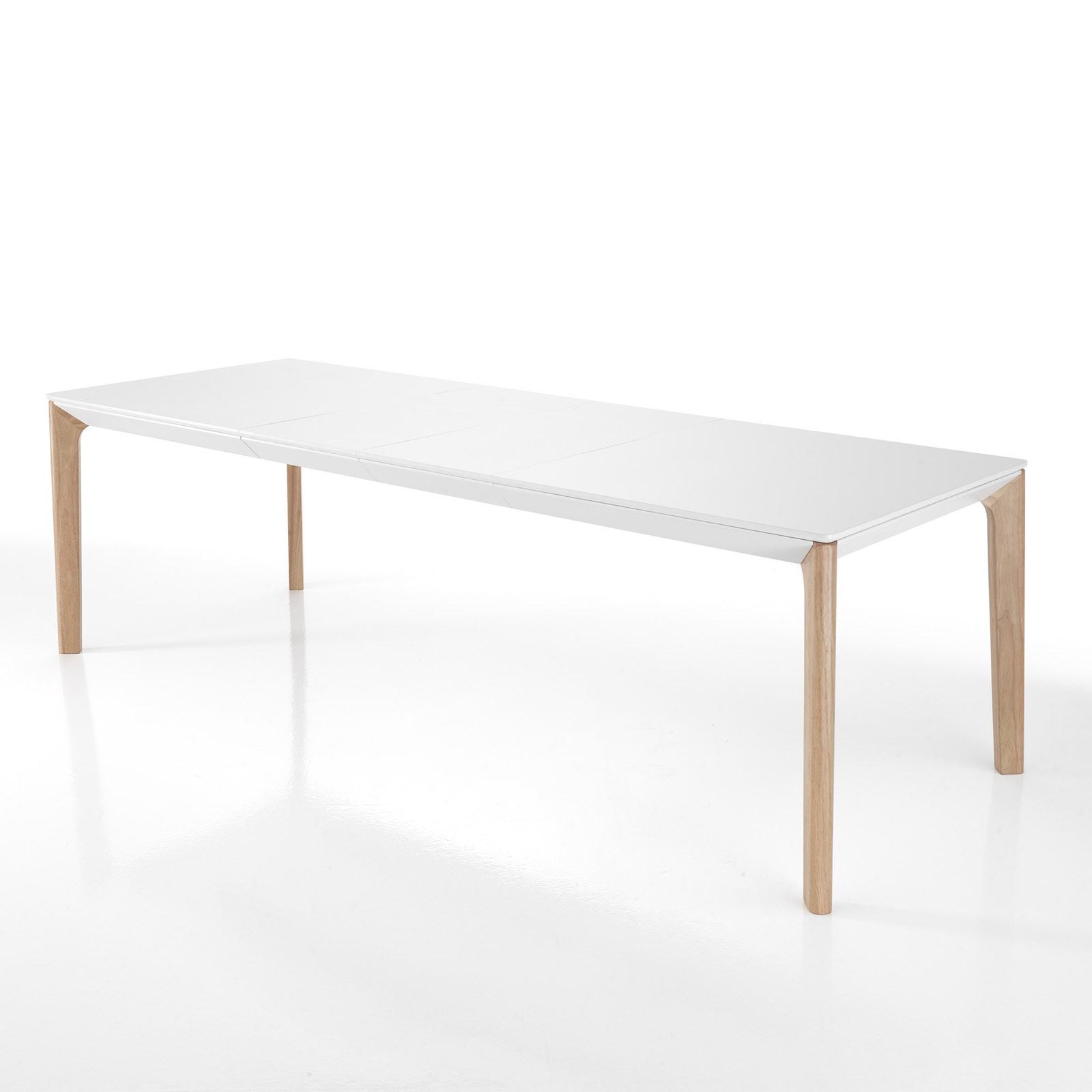 Tavolo Allungabile verniciato Margaret Top bianco opaco e gambe in legno massello tinte Rovere, 160-200-240 x 90 cm