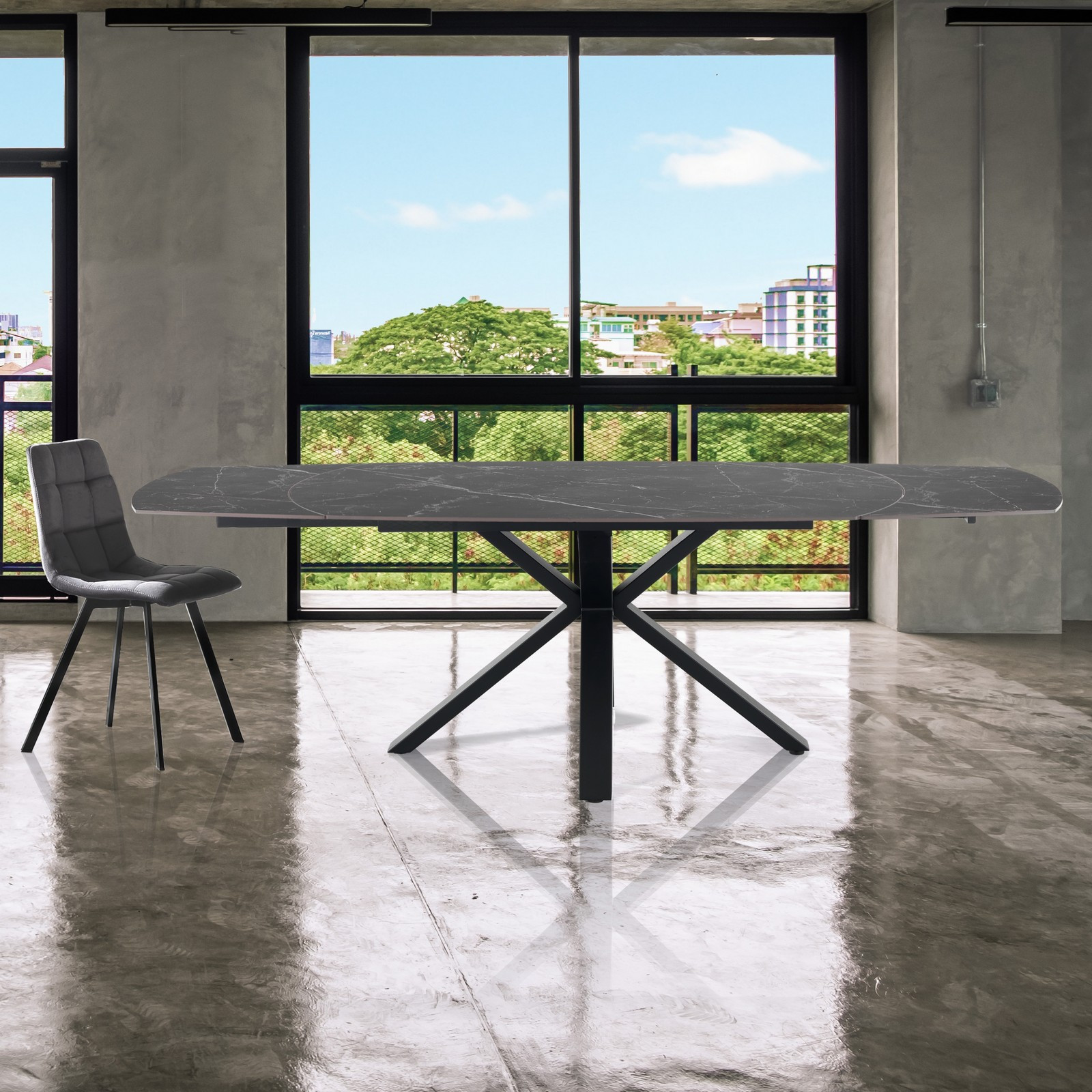 Tavolo allungabile MEGGY GREY MARBLE piano ceramica Marmo Grigio opaco e basamento Nero opaco, 140-210 x 90 x h75 cm