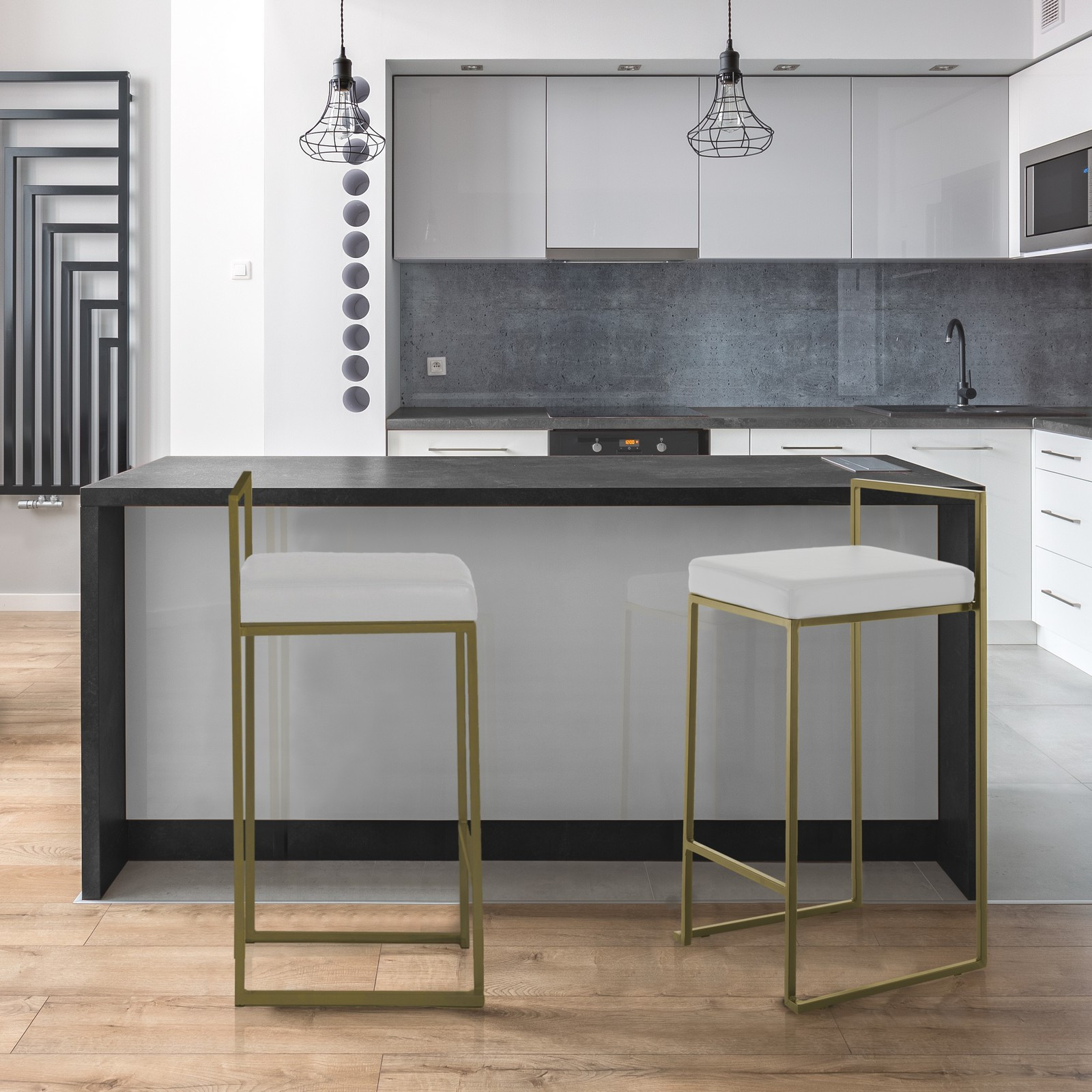 Sgabello GRACE GOLD HOME pelle sintetica Bianca struttura metallo colore Oro opaco cm H77 L41 P41
