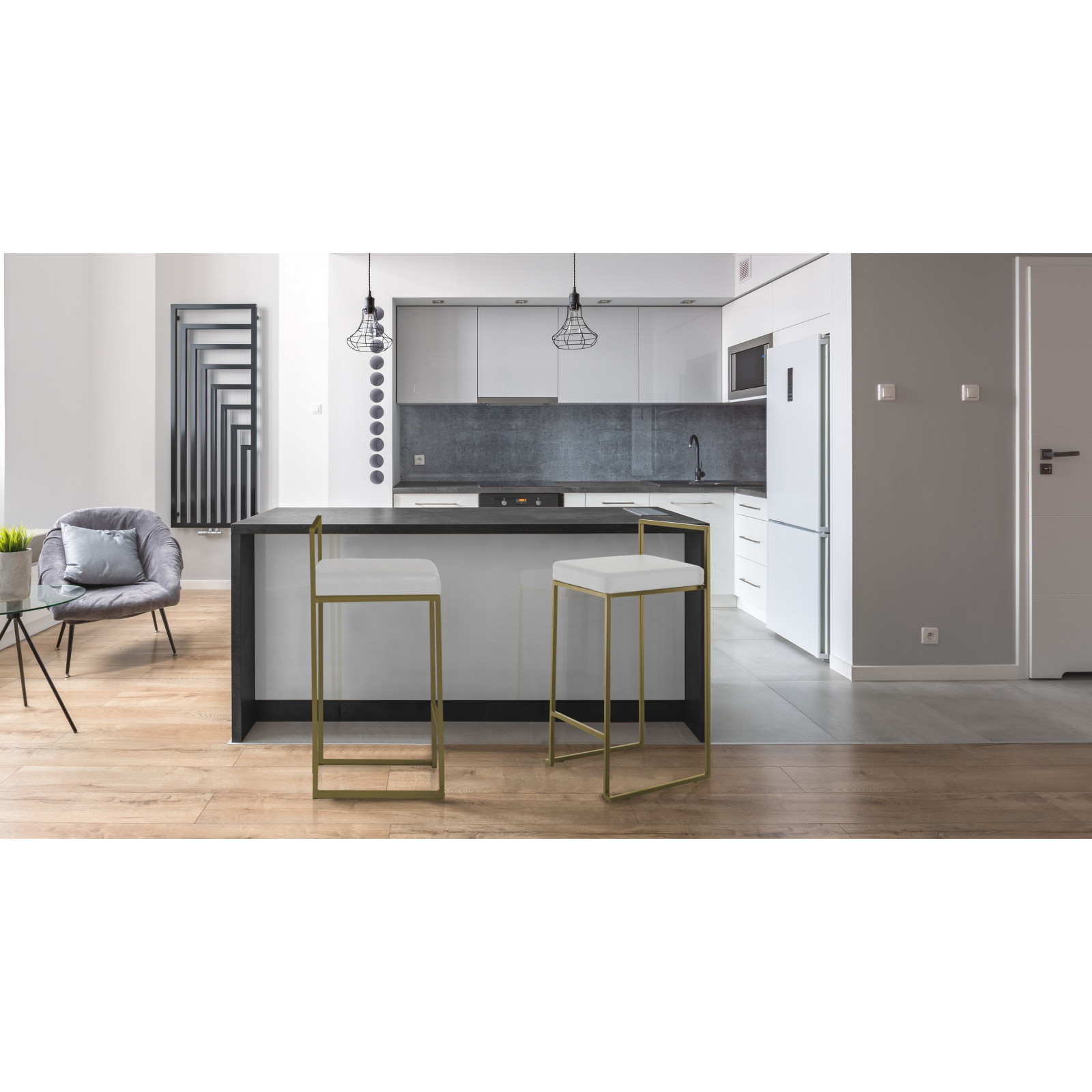 Sgabello GRACE GOLD HOME pelle sintetica Bianca struttura metallo colore Oro opaco cm H77 L41 P41