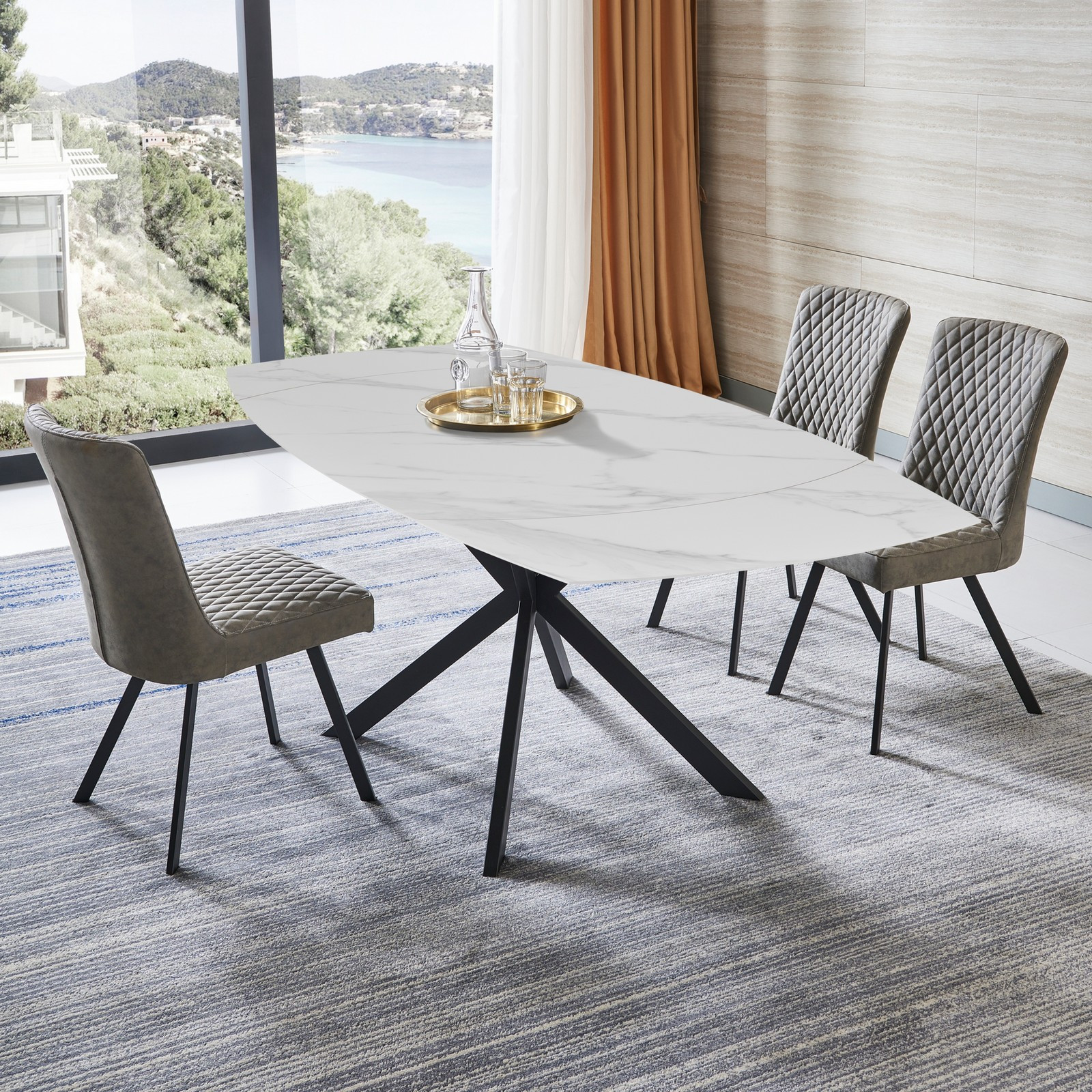 Tavolo allungabile in ceramica VICKI MARMO BIANCO finitura top Marmo Bianco opaco e base in acciaio Nero opaco, 140/200 x 90 cm