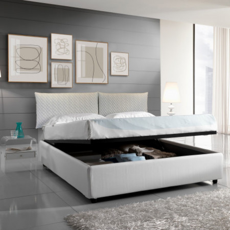 Letto contenitore matrimoniale PENELOPE 160 rivestito in pelle sintetica compreso di rete  L160 P190 made in Italy