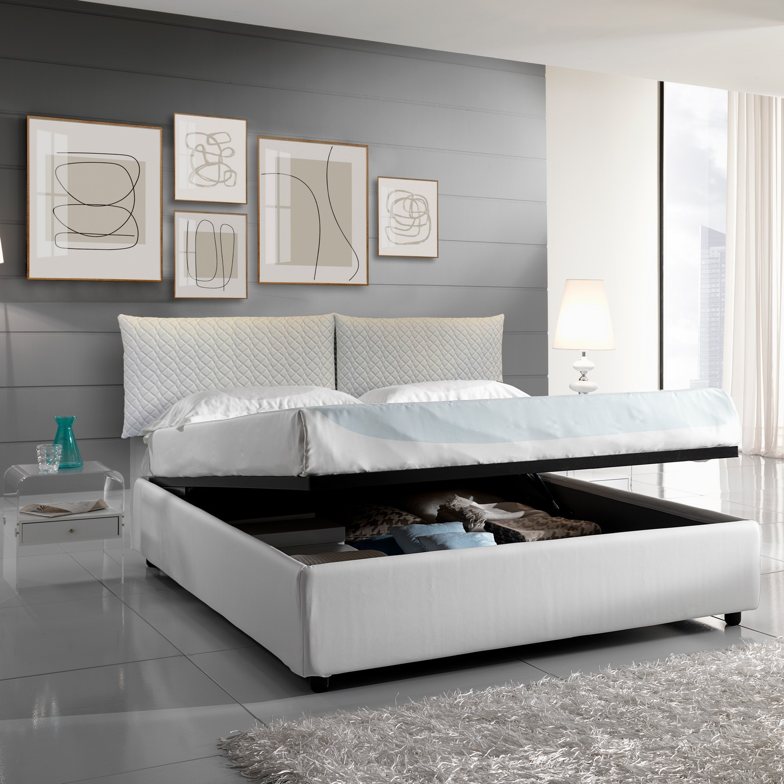 Letto contenitore matrimoniale PENELOPE 160 rivestito in pelle sintetica compreso di rete  L160 P190 made in Italy