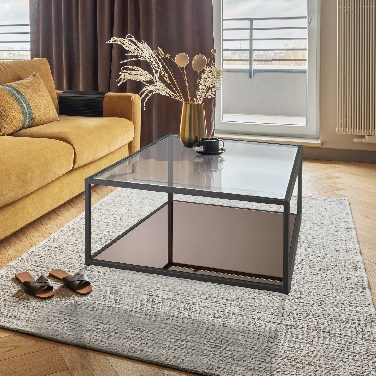 Tavolino VITTO piano in Vetro Trasparente in Acciaio verniciato Nero opaco, 80x80 h35 cm