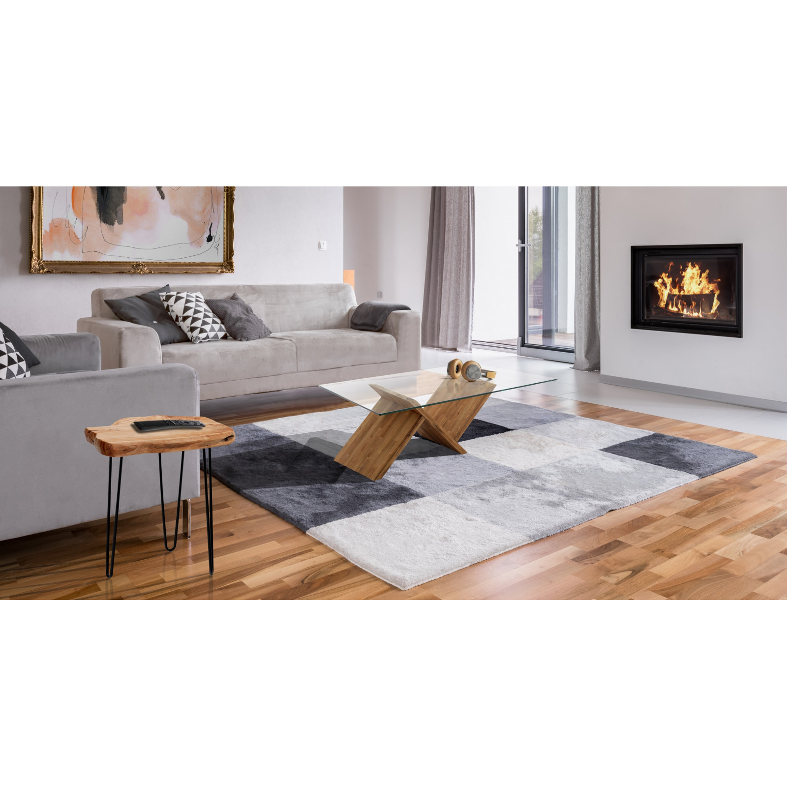 Tavolino ERIKA in Legno massello finitura Rovere piano in Vetro trasparente, 70x120 h42x cm