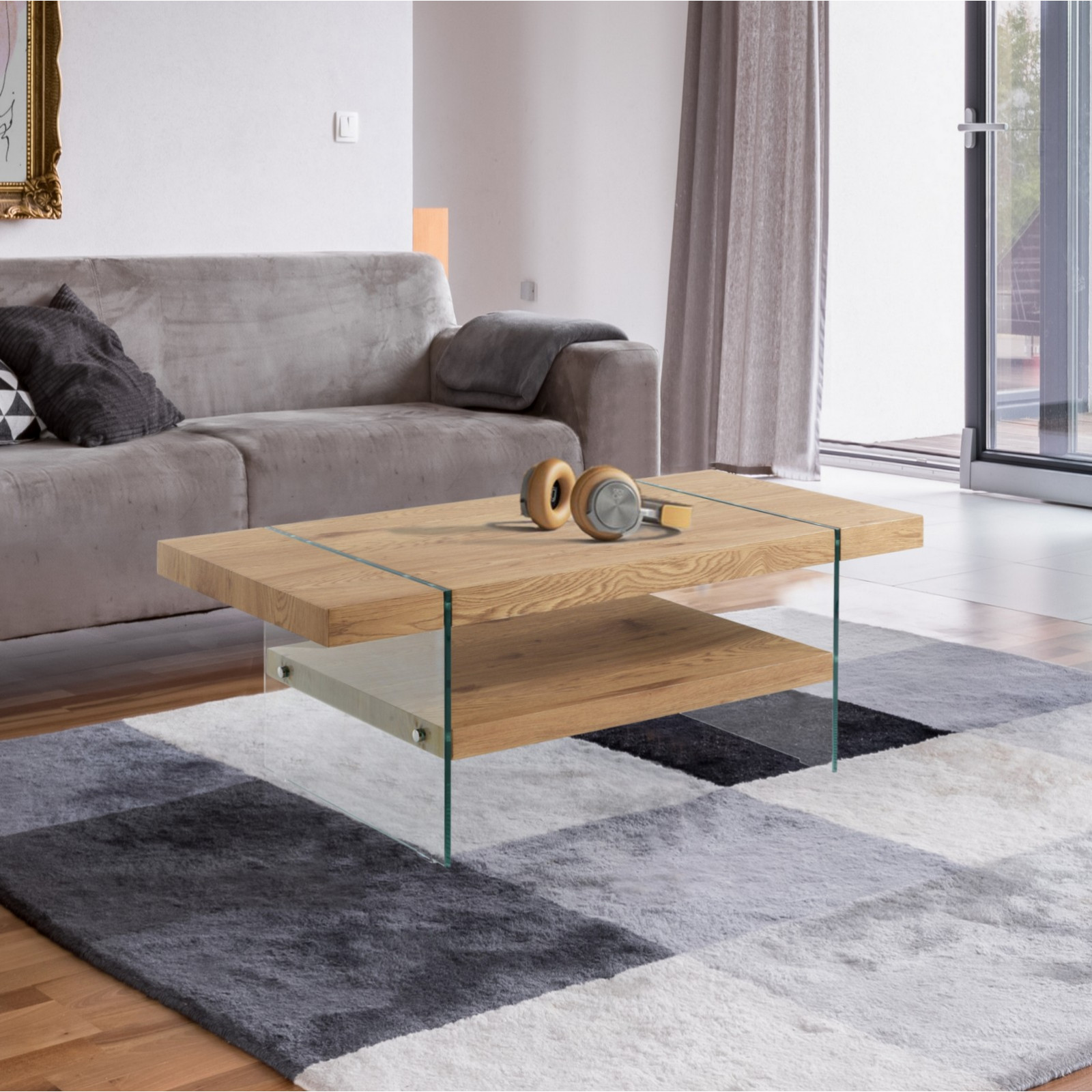 Tavolino SKANDY in MDF finitura Rovere e Vetro, 120x60 h45 cm