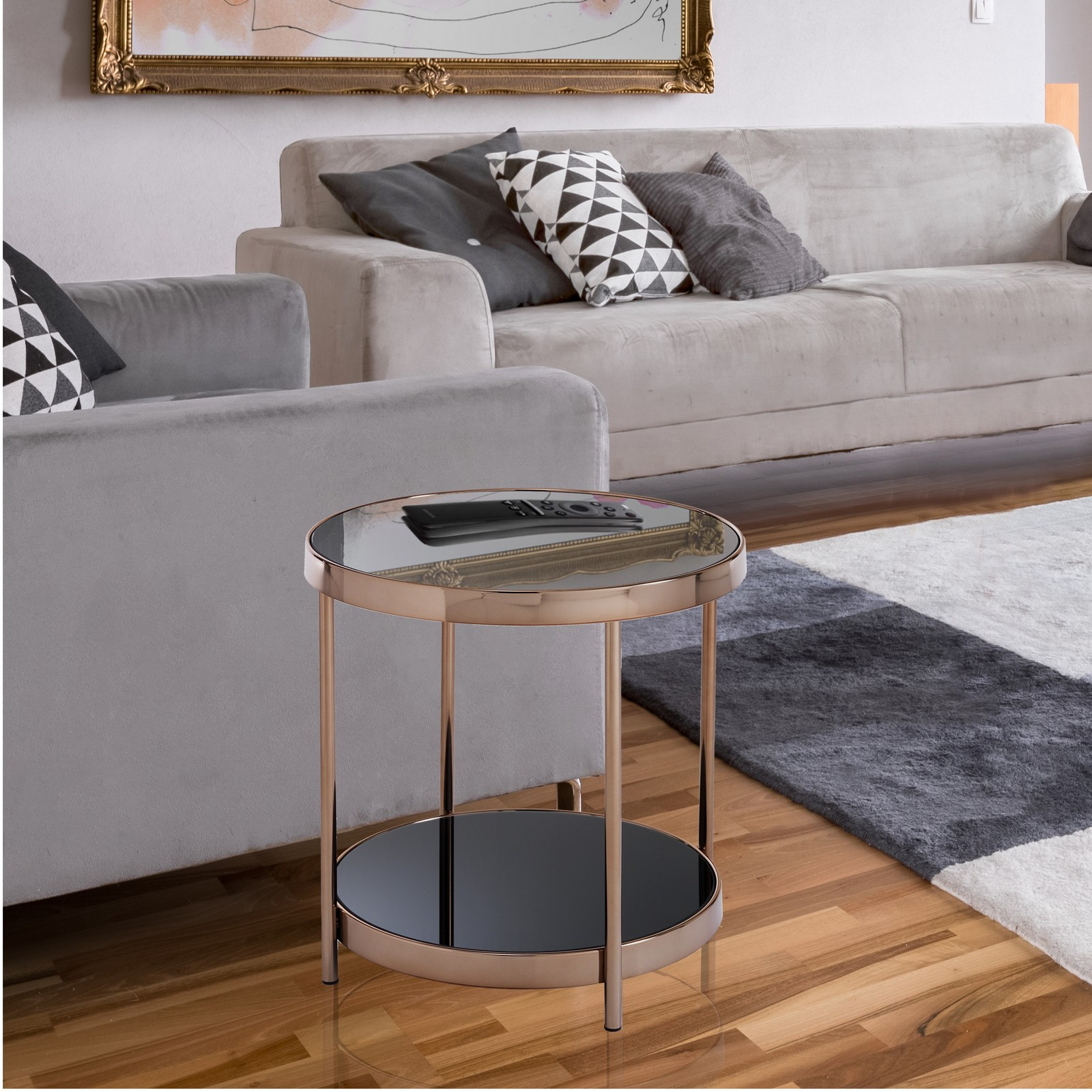 Tavolino / Comodino BRILL in Metallo finitura Oro Rosa piani in Vetro temprato Nero, d45 h48 cm