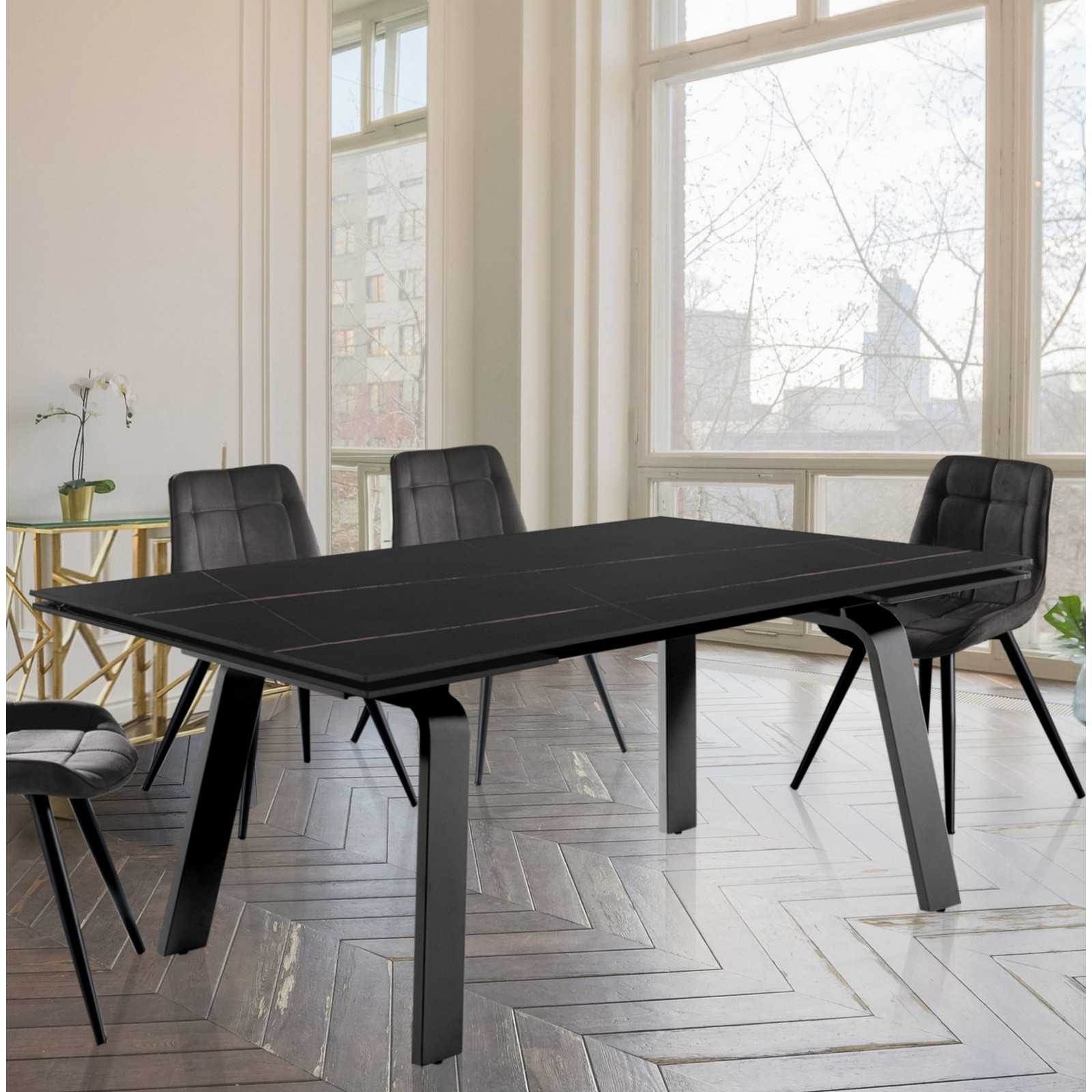 Tavolo allungabile THEO BLACK MARBLE acciaio Grigio opaco piano ceramica finitura Marmo Nero opaco, 160-200-240 x 90 cm