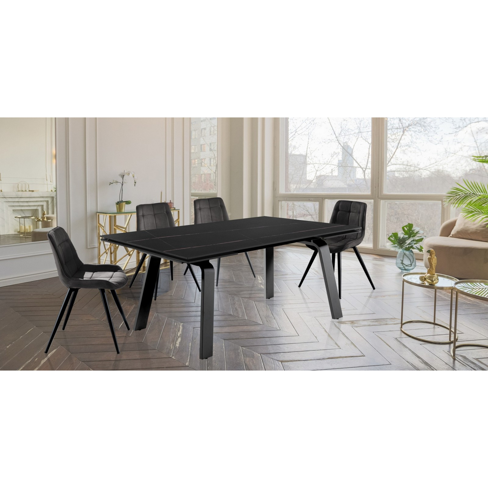 Tavolo allungabile in ceramica THEO BLACK MARBLE finitura Top Marmo Nero opaco e base in acciaio Grigio opaco, 160-200-240x90 cm
