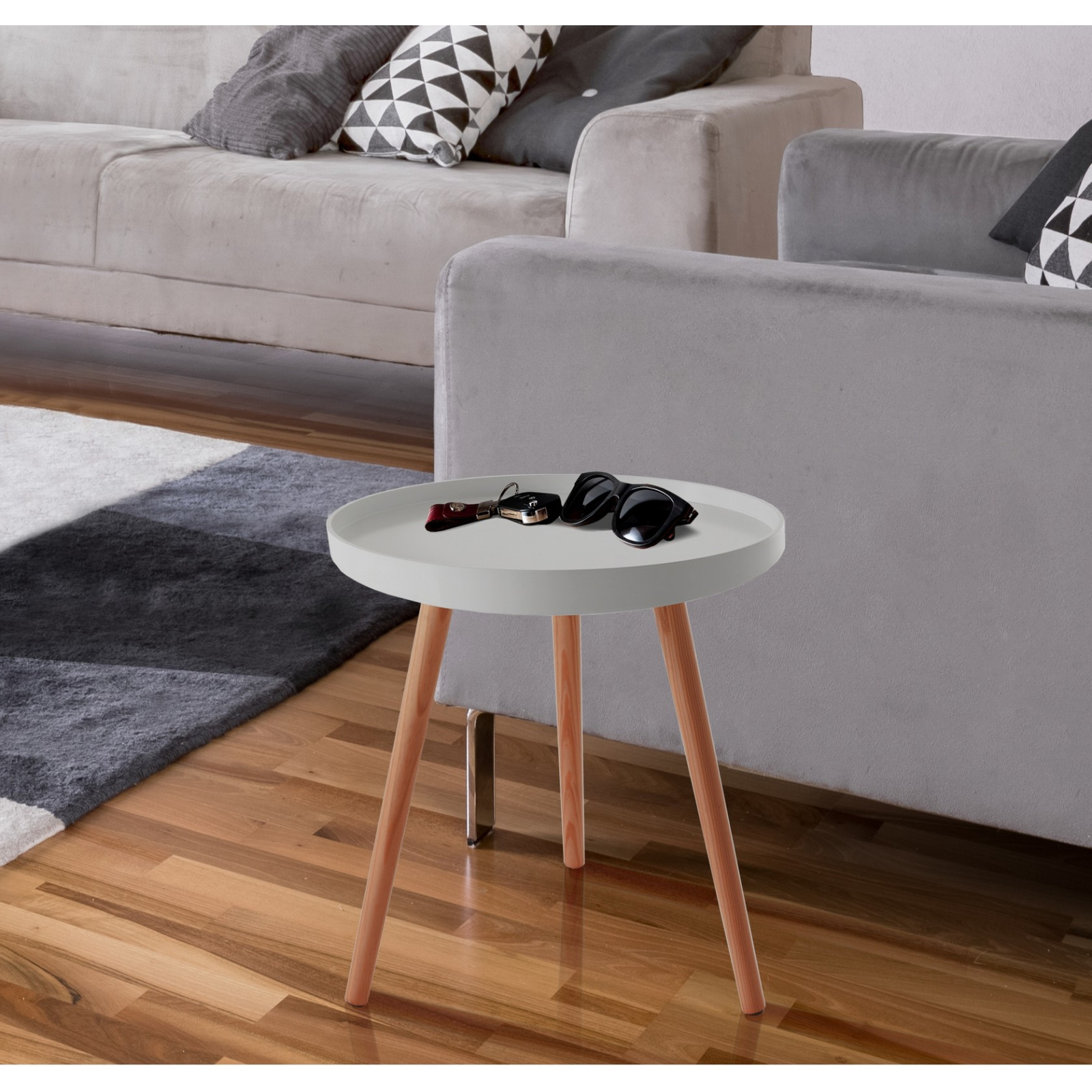 Tavolino HOLLAND in MDF lacccato Bianco opaco e Legno massello tinto Rovere, d49 h51 cm