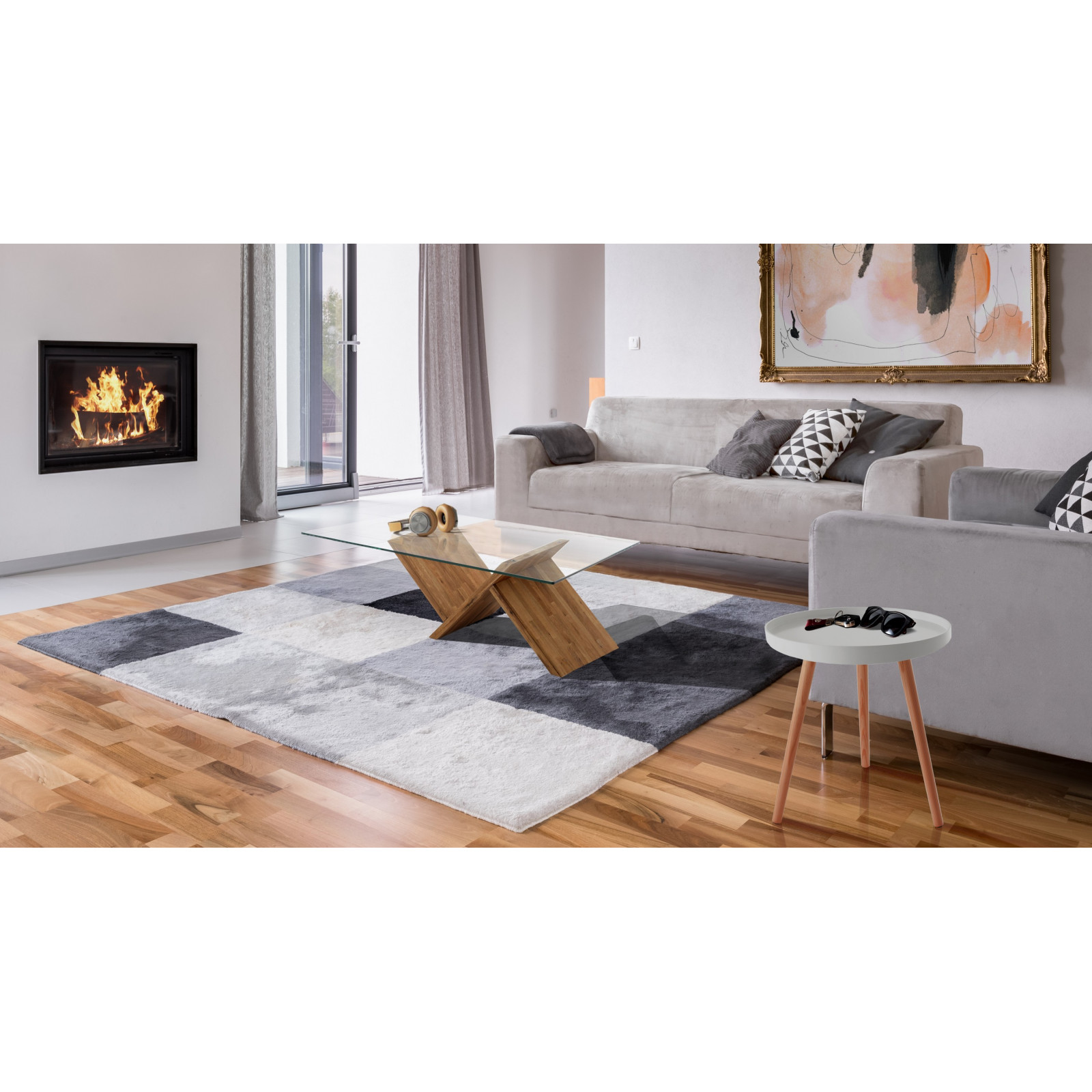 Tavolino HOLLAND in MDF lacccato Bianco opaco e Legno massello tinto Rovere, d49 h51 cm