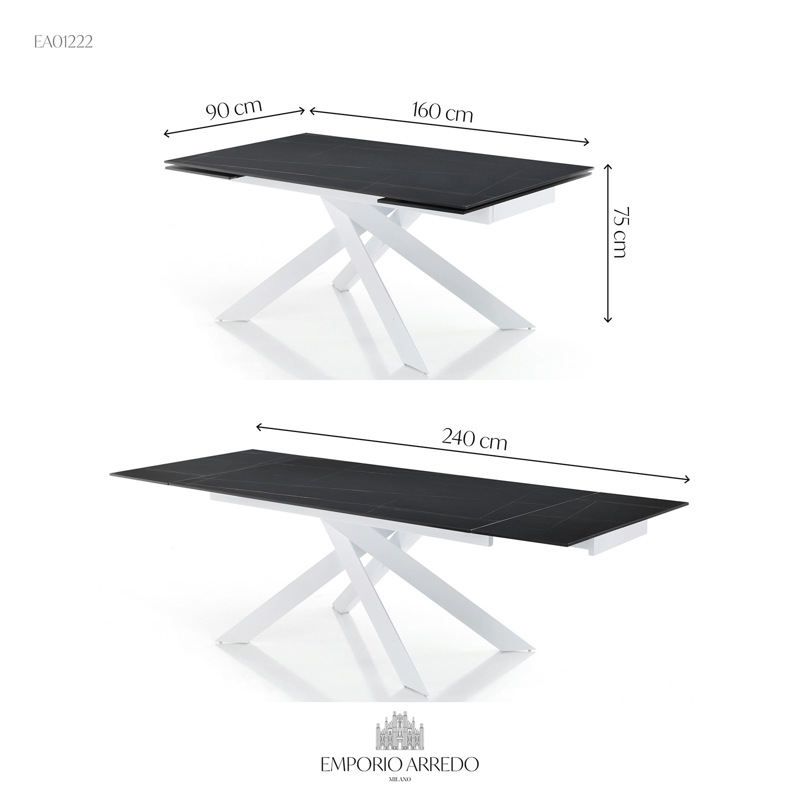 Tavolo Allungabile in ceramica Timothy Matt Black Marble finitura Marmo Nero opaco e base in acciaio Bianco, 160-200-240 x 90 cm