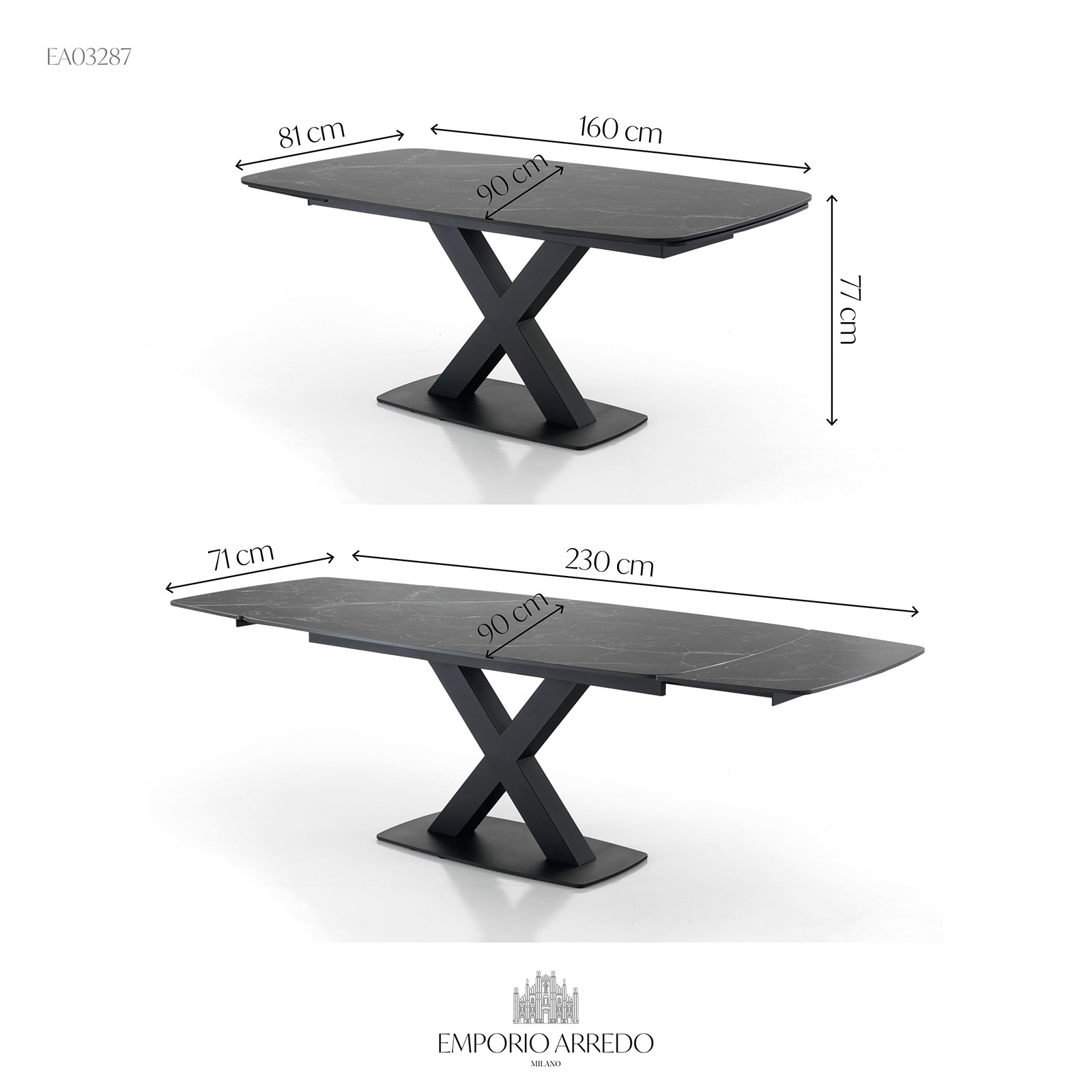 Tavolo Allungabile in ceramica STEFF BLACK MARBLE finitura Top Marmo Nero opaco e base in acciaio Nero opaco, 160-195-230x90 cm
