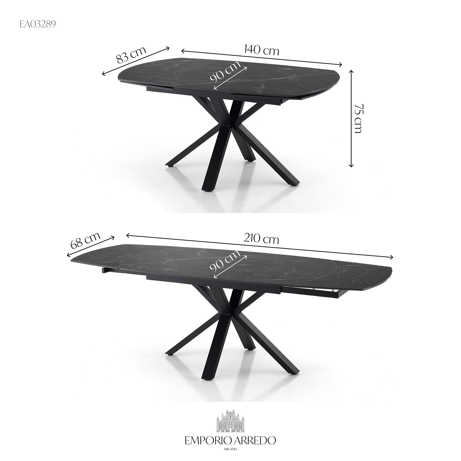 Tavolo Allungabile in ceramica MEGGY BLACK MARBLE finitura Top Marmo Nero opaco e base in acciaio Nero opaco, 140-210 x 90 cm