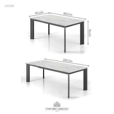 Tavolo Allungabile in ceramica CRISTOPHER 160 WHITE MARBLE finitura Marmo Bianco opaco base acciaio Grigio opaco, 160-220x90 cm