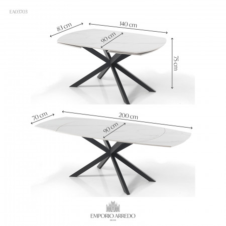 Tavolo allungabile in ceramica VICKI MARMO BIANCO finitura top Marmo Bianco opaco e base in acciaio Nero opaco, 140/200 x 90 cm