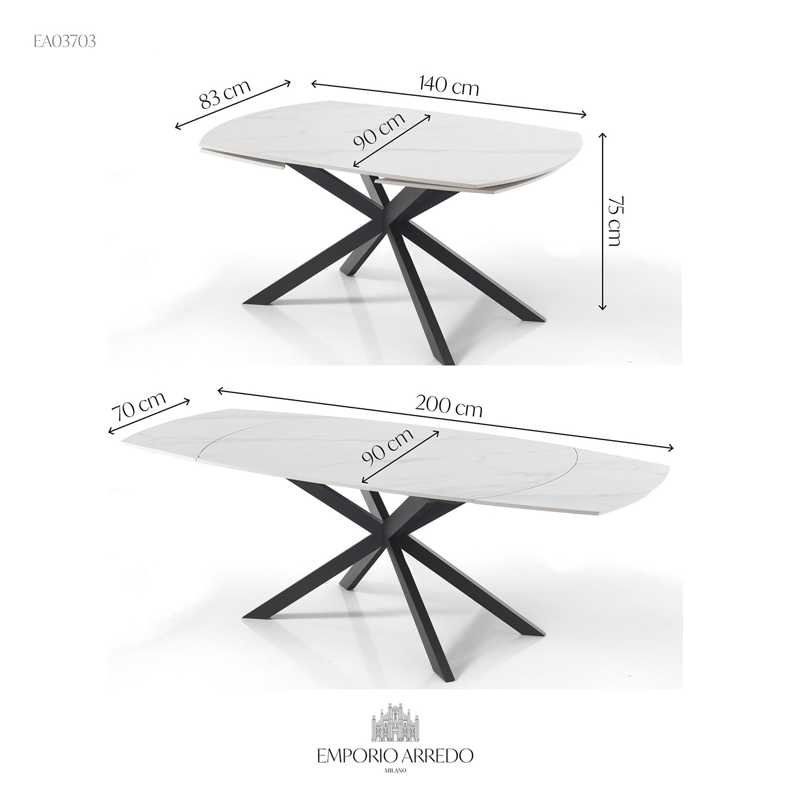 Tavolo allungabile in ceramica VICKI MARMO BIANCO finitura top Marmo Bianco opaco e base in acciaio Nero opaco, 140/200 x 90 cm