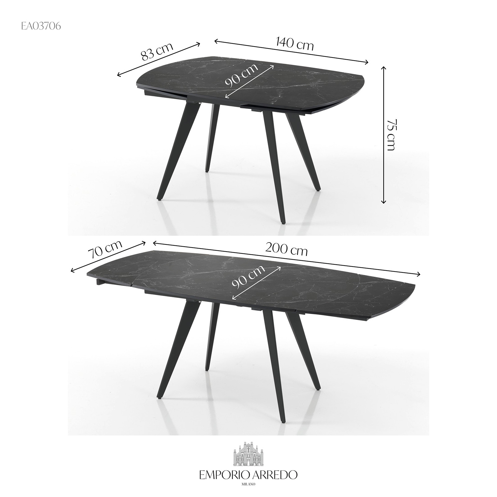 Tavolo allungabile in ceramica RALPH MARMO NERO finitura Top Marmo Nero e base in acciaio, 140-200 x 90 cm