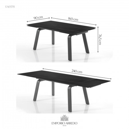Tavolo allungabile in ceramica THEO BLACK MARBLE finitura Top Marmo Nero opaco e base in acciaio Grigio opaco, 160-200-240x90 cm