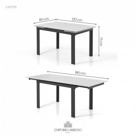 Tavolo allungabile in Ceramica KARLO MARMO BIANCO finitura Top Marmo Bianco opaco e base in Acciaio, 120-150-180 x 80 cm