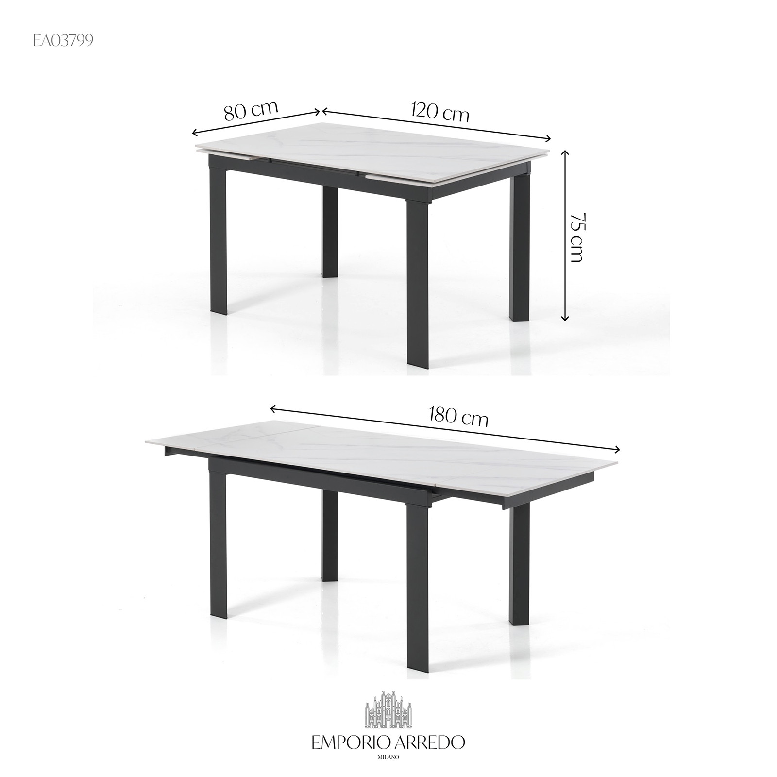 Tavolo allungabile in Ceramica KARLO MARMO BIANCO finitura Top Marmo Bianco opaco e base in Acciaio, 120-150-180 x 80 cm