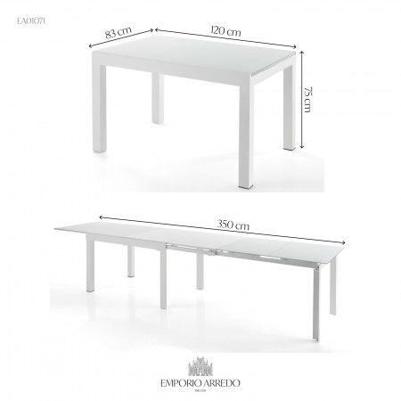 Tavolo Allungabile in Vetro temprato John White Top verniciato Bianco e base in metallo Bianco opaco, 120-350 x 83 cm