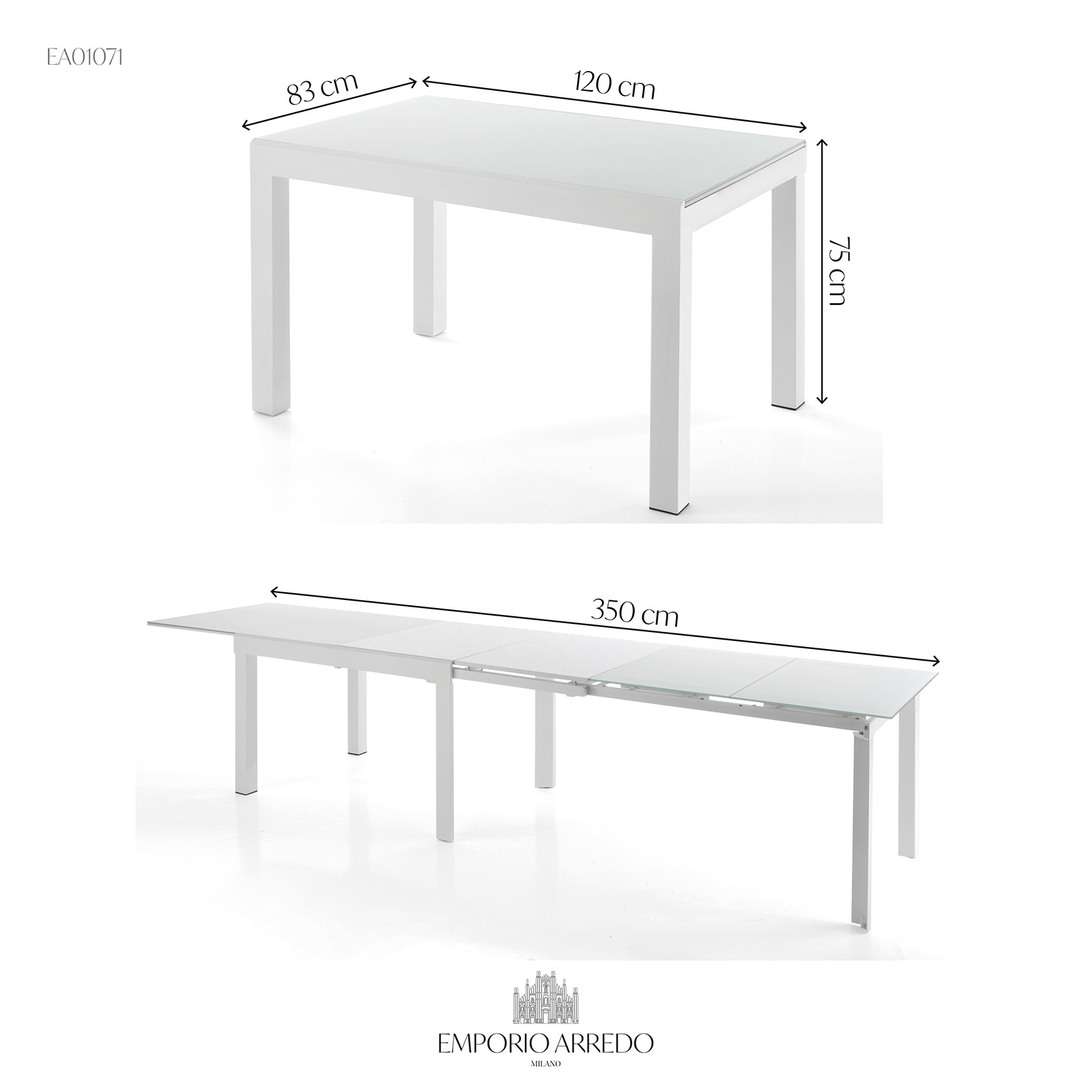Tavolo Allungabile in Vetro temprato John White Top verniciato Bianco e base in metallo Bianco opaco, 120-350 x 83 cm
