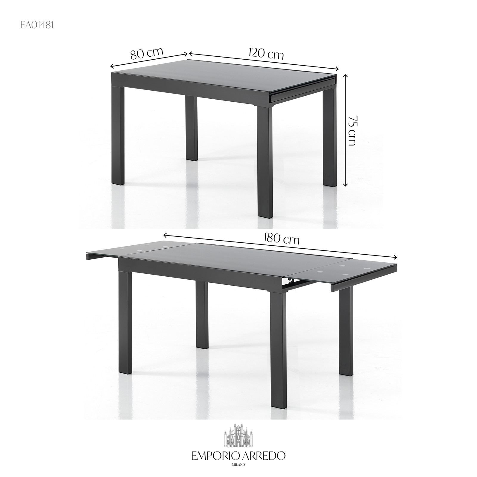 Tavolo Allungabile in Vetro temprato Hektor Grey Top verniciato Grigio e base in acciaio Grigio opaco, 120-150-180 x 80 cm