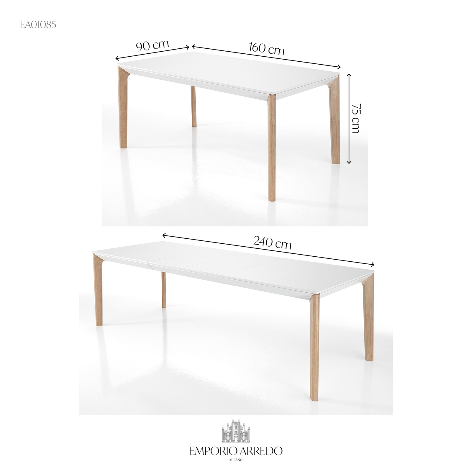 Tavolo Allungabile verniciato Margaret Top bianco opaco e gambe in legno massello tinte Rovere, 160-200-240 x 90 cm