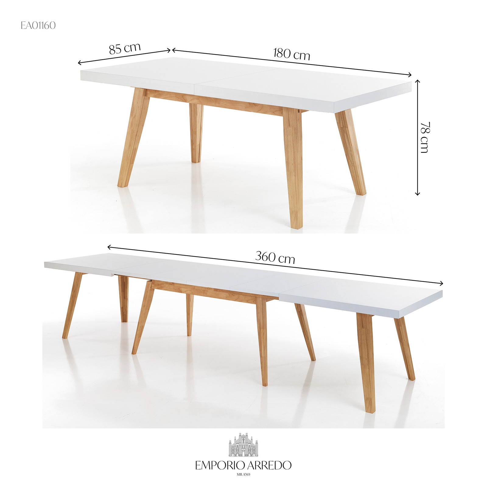 Tavolo Allungabile verniciato Jason Top Bianco semilucido e Base in legno massello finitura Rovere, 180-360 x 85 cm