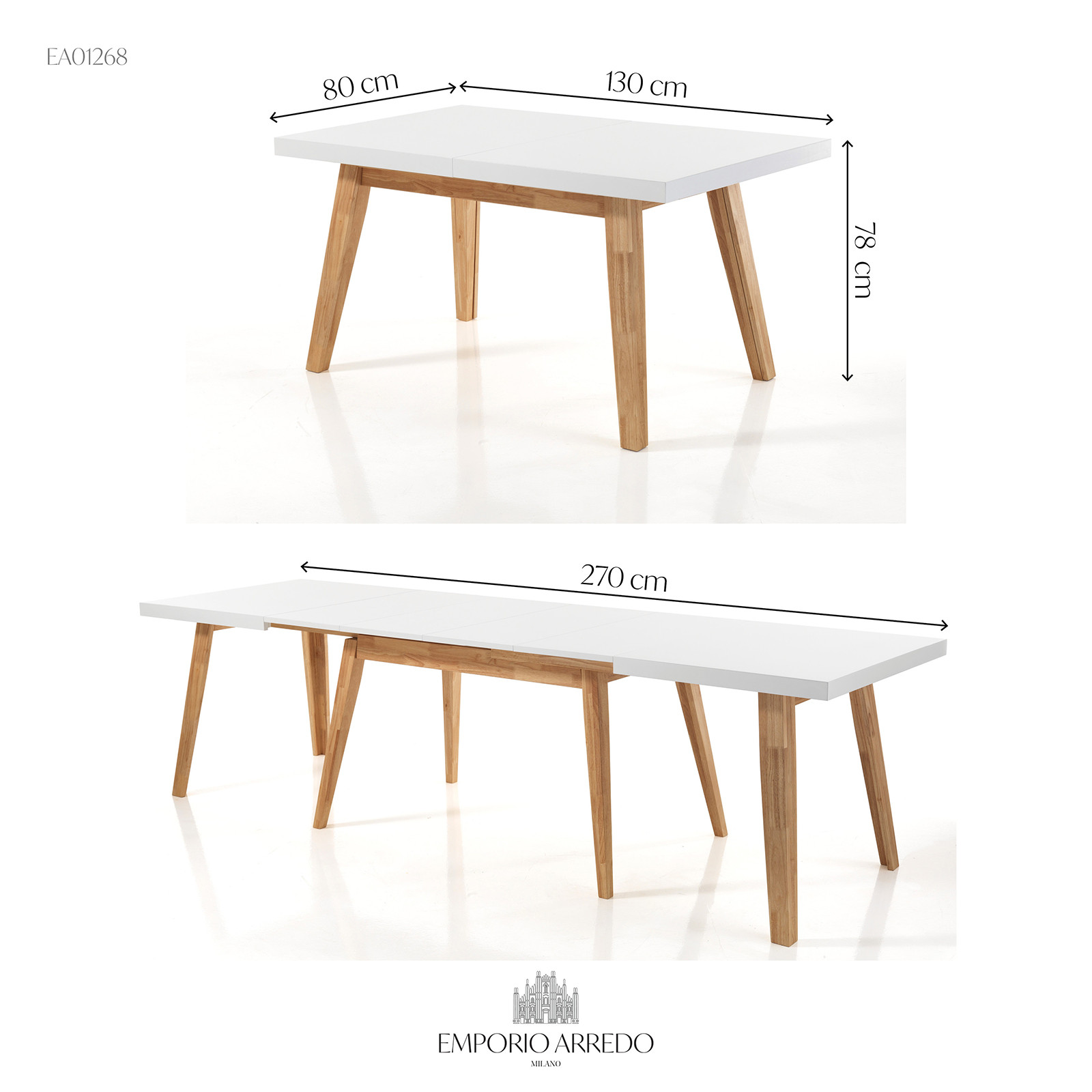 Tavolo Allungabile verniciato Jason 130 Top Bianco semilucido e Base in legno massello finitura Rovere, 130-270 x 80 cm