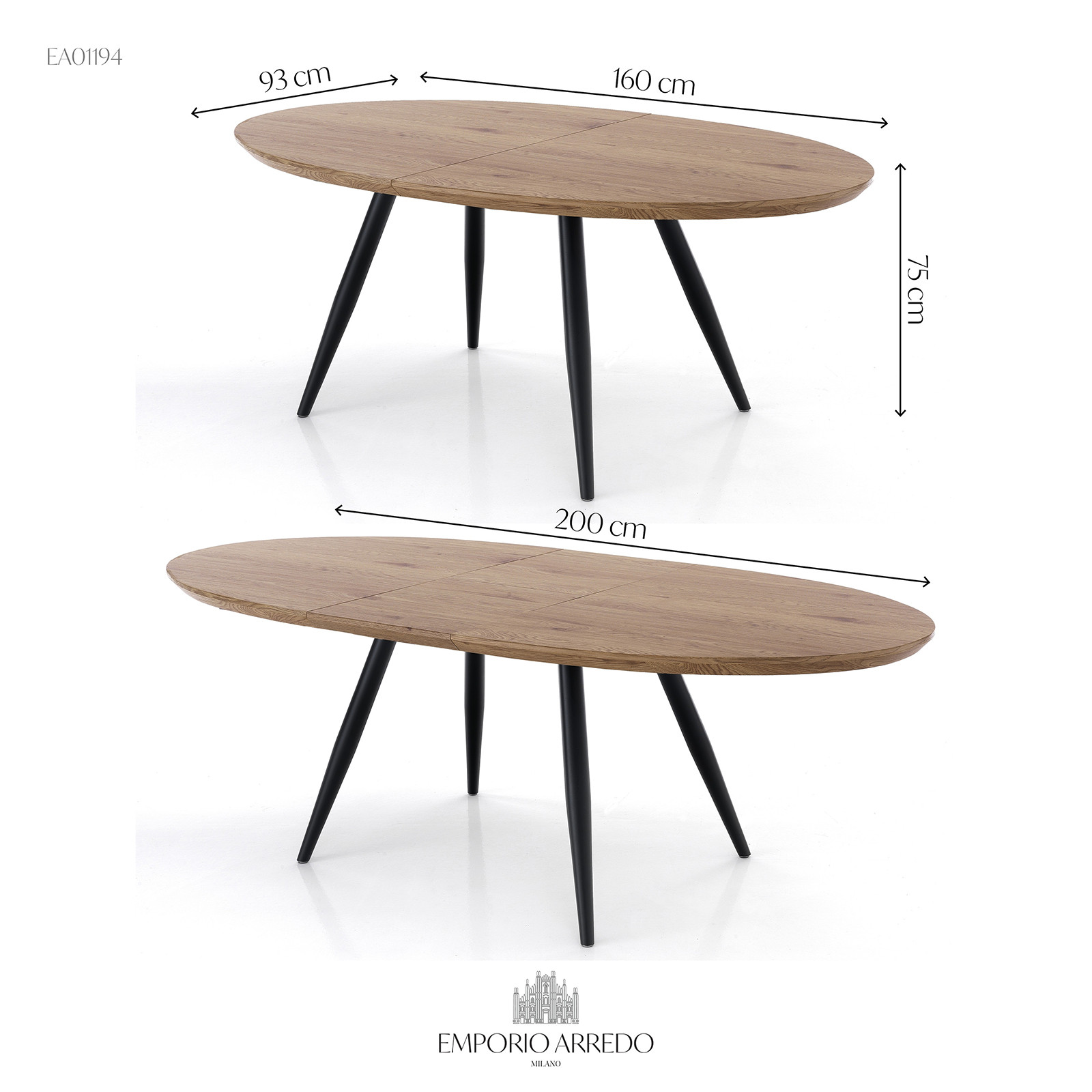 Tavolo Allungabile in legno Jack Top finitura Rovere e Gambe in metallo Nero opaco, 160-200x93 cm