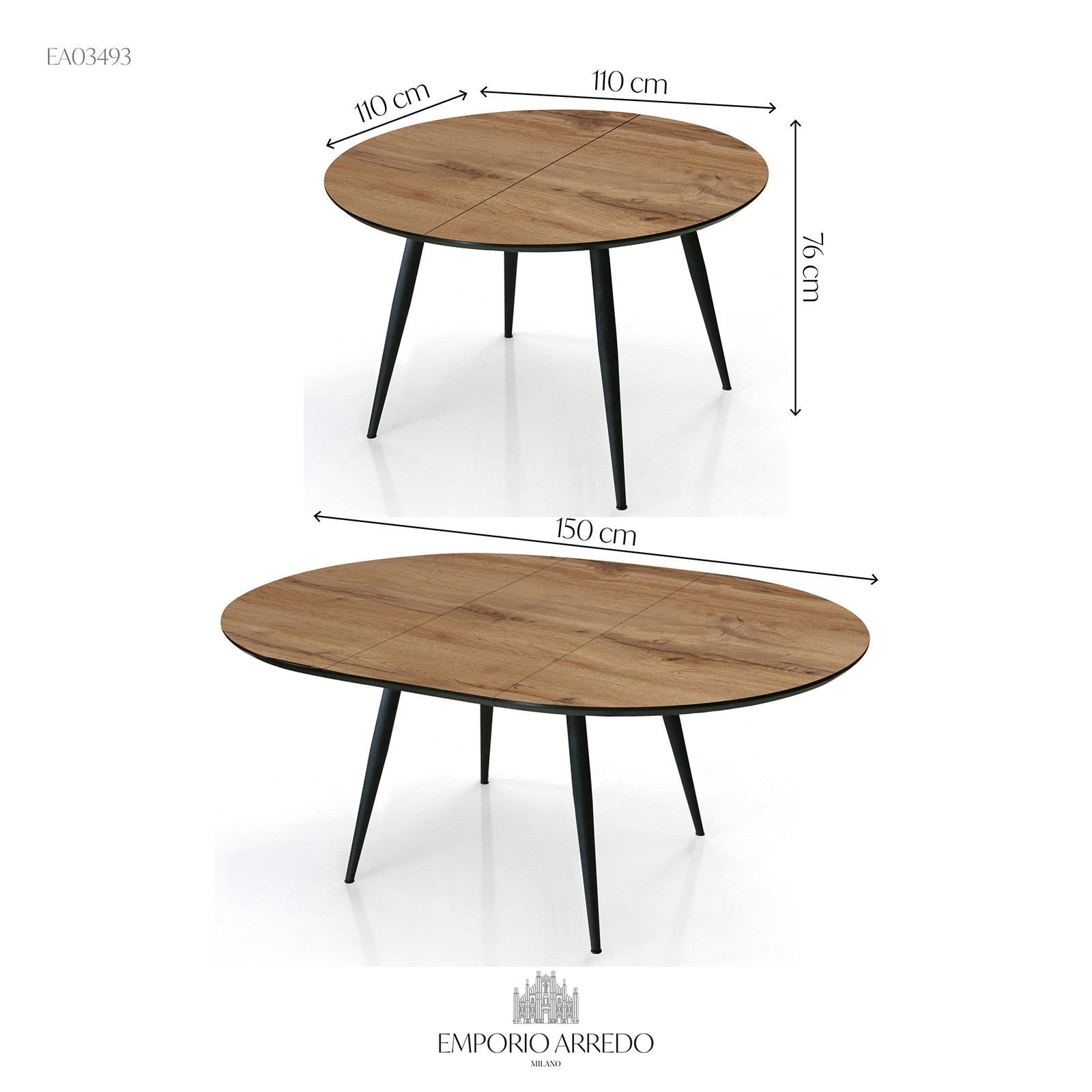 Tavolo Rotondo Allungabile in legno LISO Top finitura Noce chiaro e Gambe in acciaio verniciato nero opaco, 110-150 x 110 cm