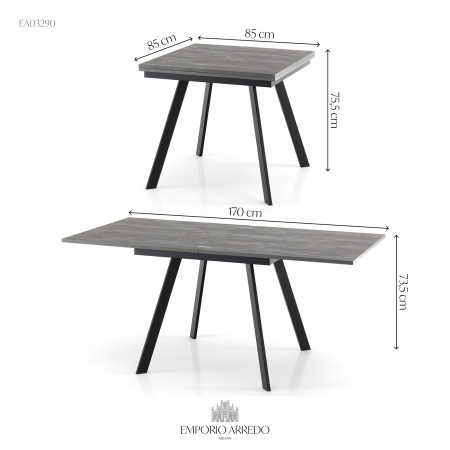 Tavolo Allungabile a libro JOSEPH CEMENT Top finitura Cemento e gambe in acciaio verniciato Nero opaco, 85-170 x 85 cm