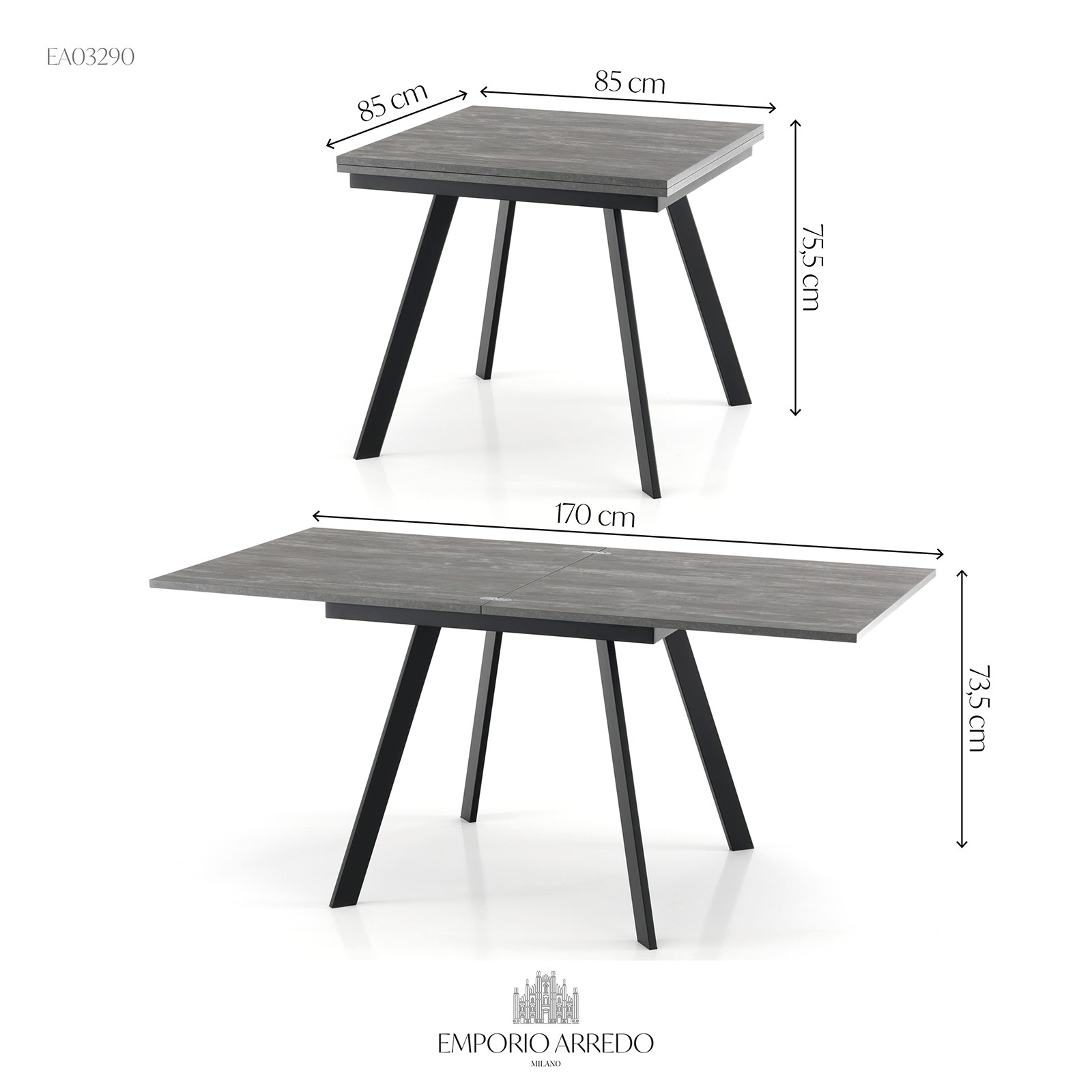 Tavolo Allungabile a libro JOSEPH CEMENT Top finitura Cemento e gambe in acciaio verniciato Nero opaco, 85-170 x 85 cm